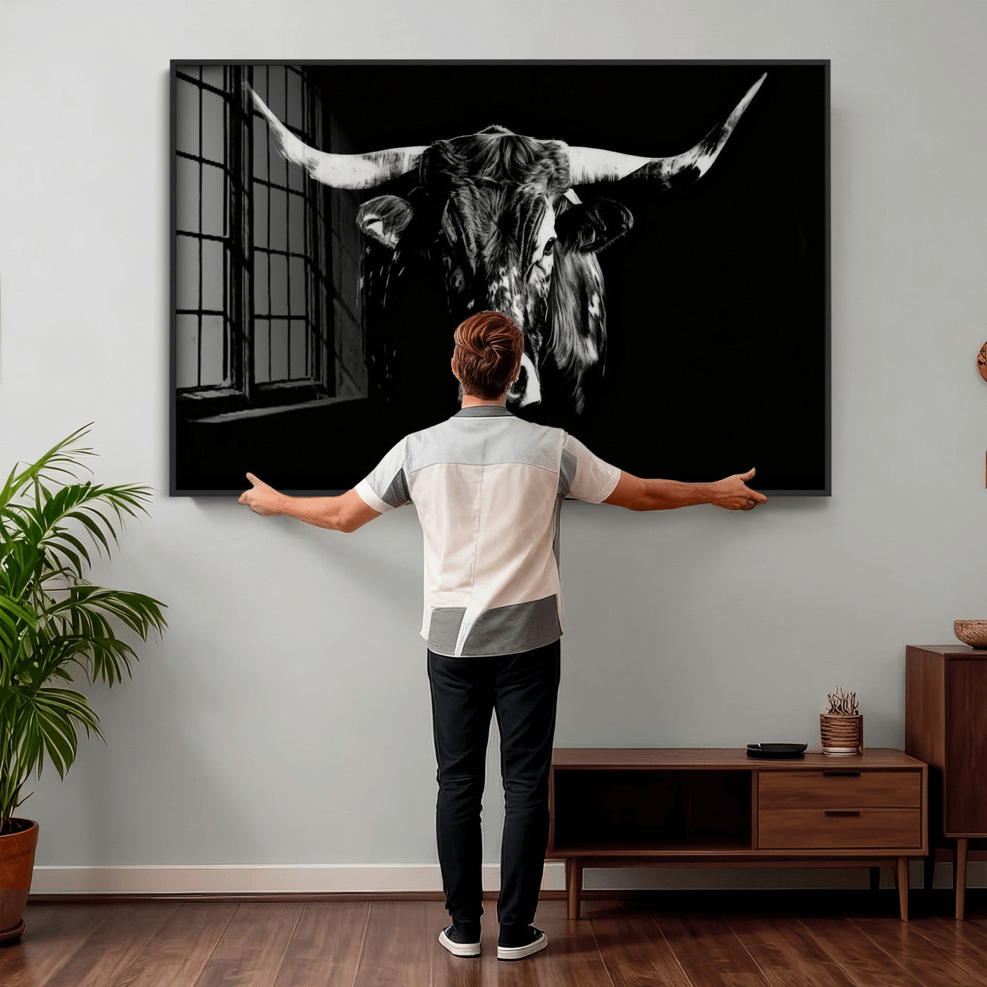 21436434-MGV-CV-36X24 - Black Bull Wall Art Canvas Print, Dark Longhorn Portrait Photography, Framed Wall Art Ready to Hang
