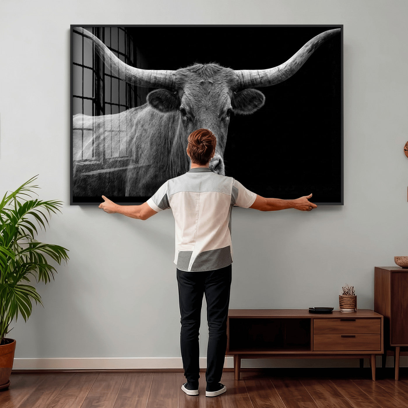 32601430-MGV-CV-36X24 - Texas Longhorn Bull Wall Art Canvas Print, Cow Portrait Photography, Framed Wall Art Ready to Hang