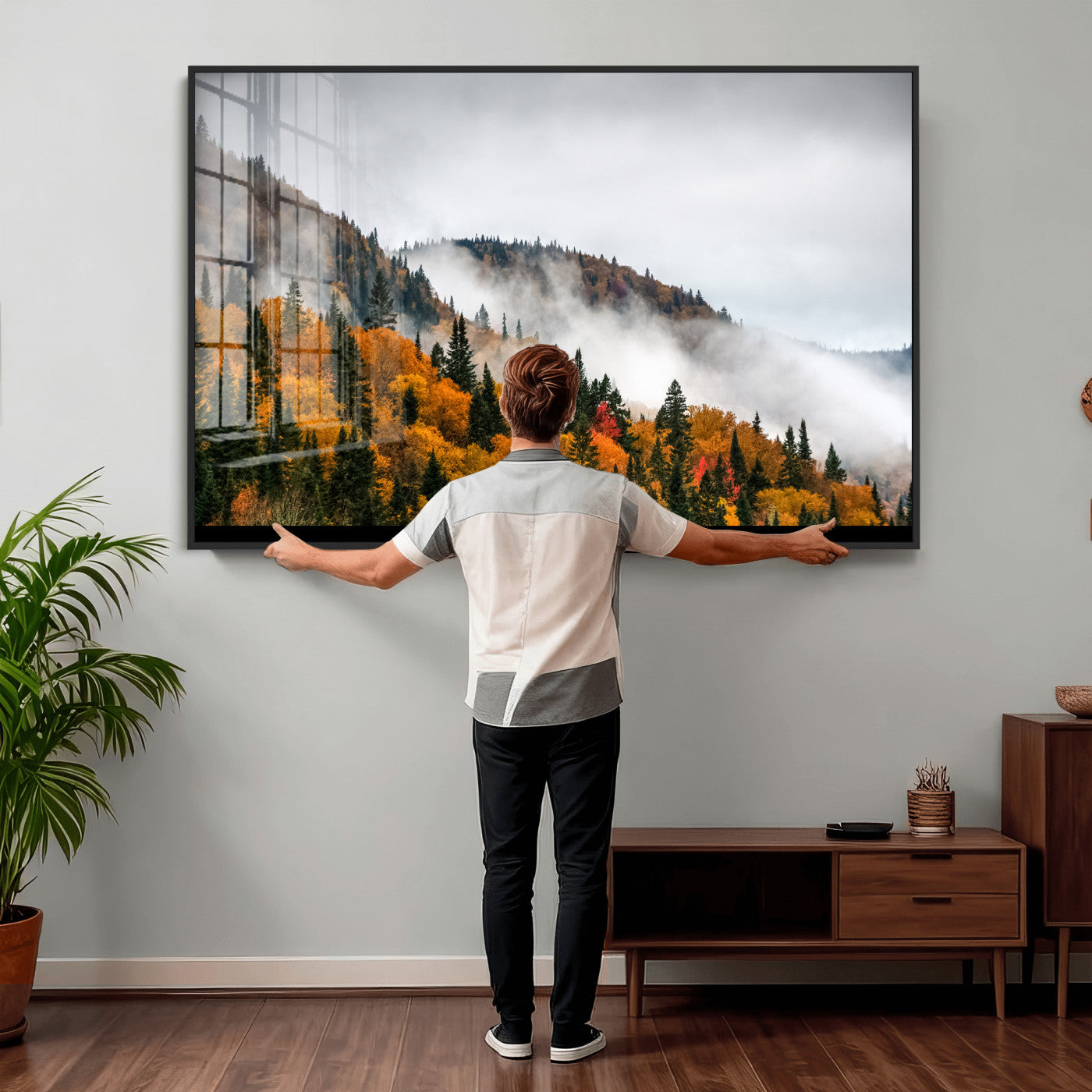 93581632-MGV-CV-36X24 - Autumn Forest Wall Art Canvas Print, Foggy Mountain Landscape Nature Photography, Framed Wall Art Ready to Hang