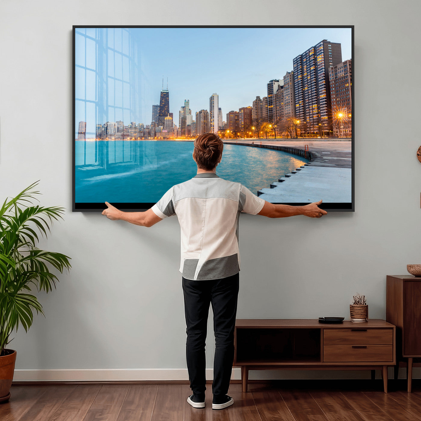 66780141-MGV-CV-36X24 - Chicago Wall Art Canvas Print, Chicago City Downtown Night Cityscape Print for Modern Urban Wall Decor