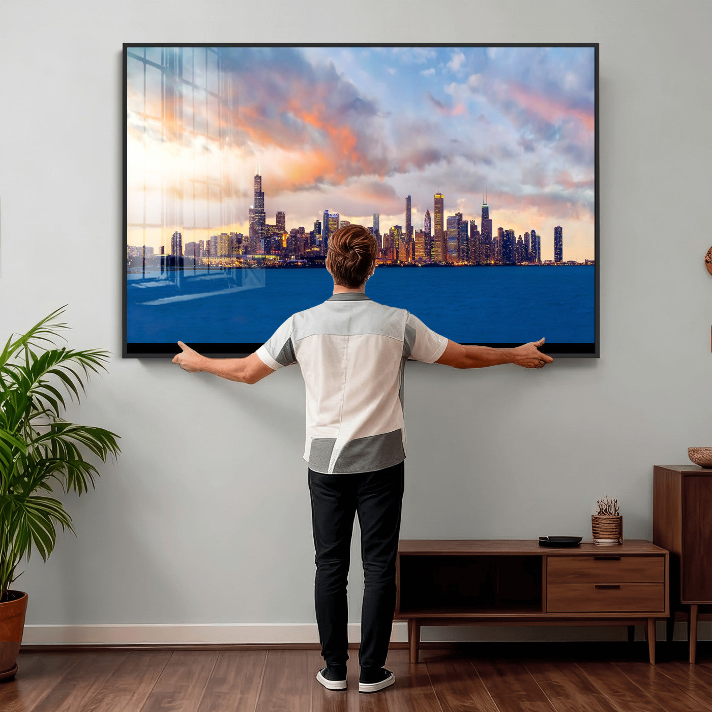 34667960-MGV-CV-36X24 - Chicago Wall Art Canvas Print, Chicago City Downtown Night Cityscape Print for Modern Urban Wall Decor