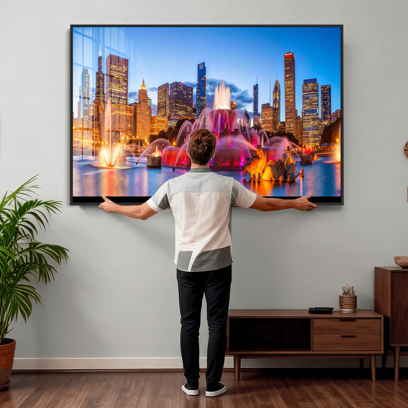 20251989-MGV-CV-36X24 - Chicago Wall Art Canvas Print, Chicago City Downtown Night Cityscape Print for Modern Urban Wall Decor