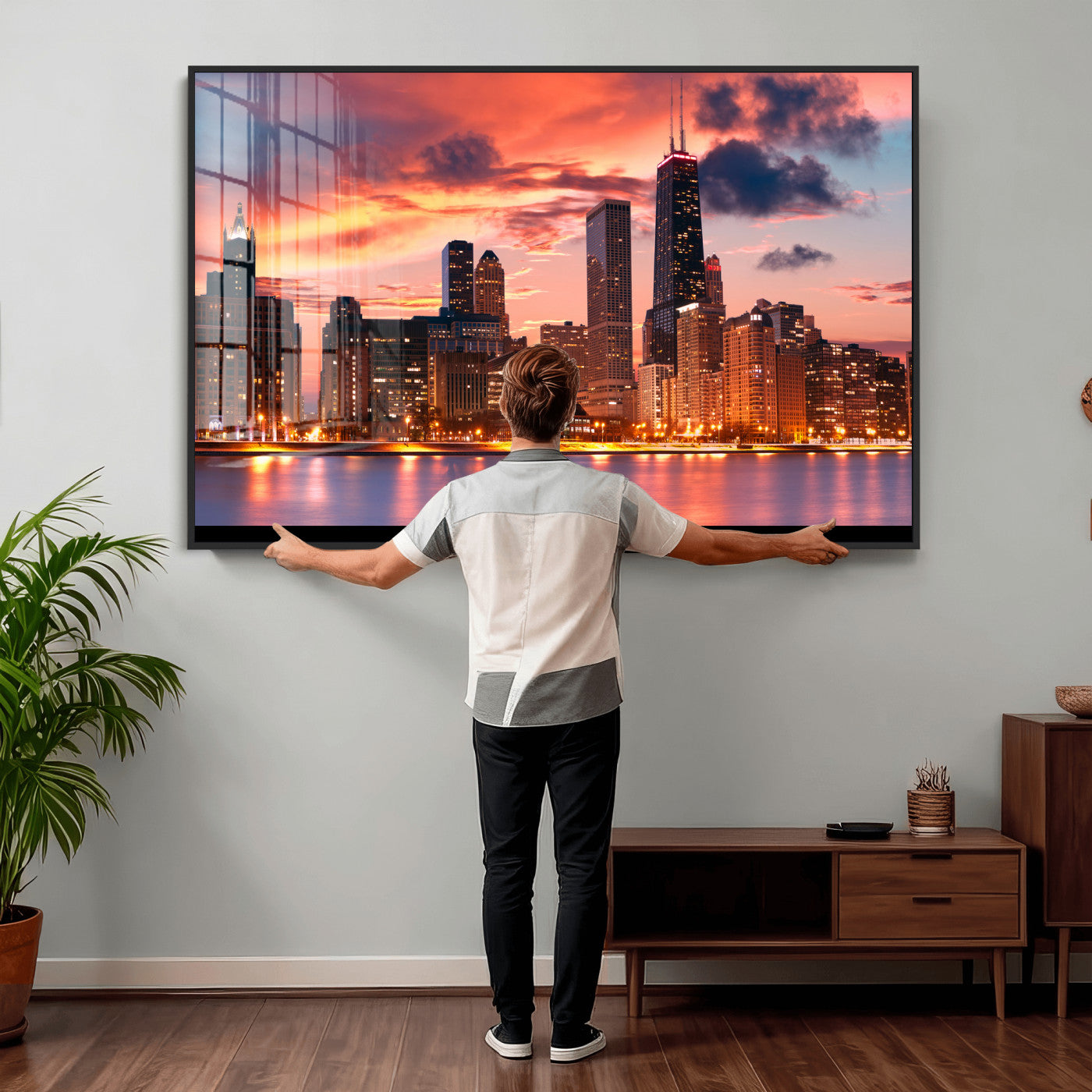 80390109-MGV-CV-36X24 - Chicago Wall Art Canvas Print, Chicago City Downtown Night Cityscape Print for Modern Urban Wall Decor