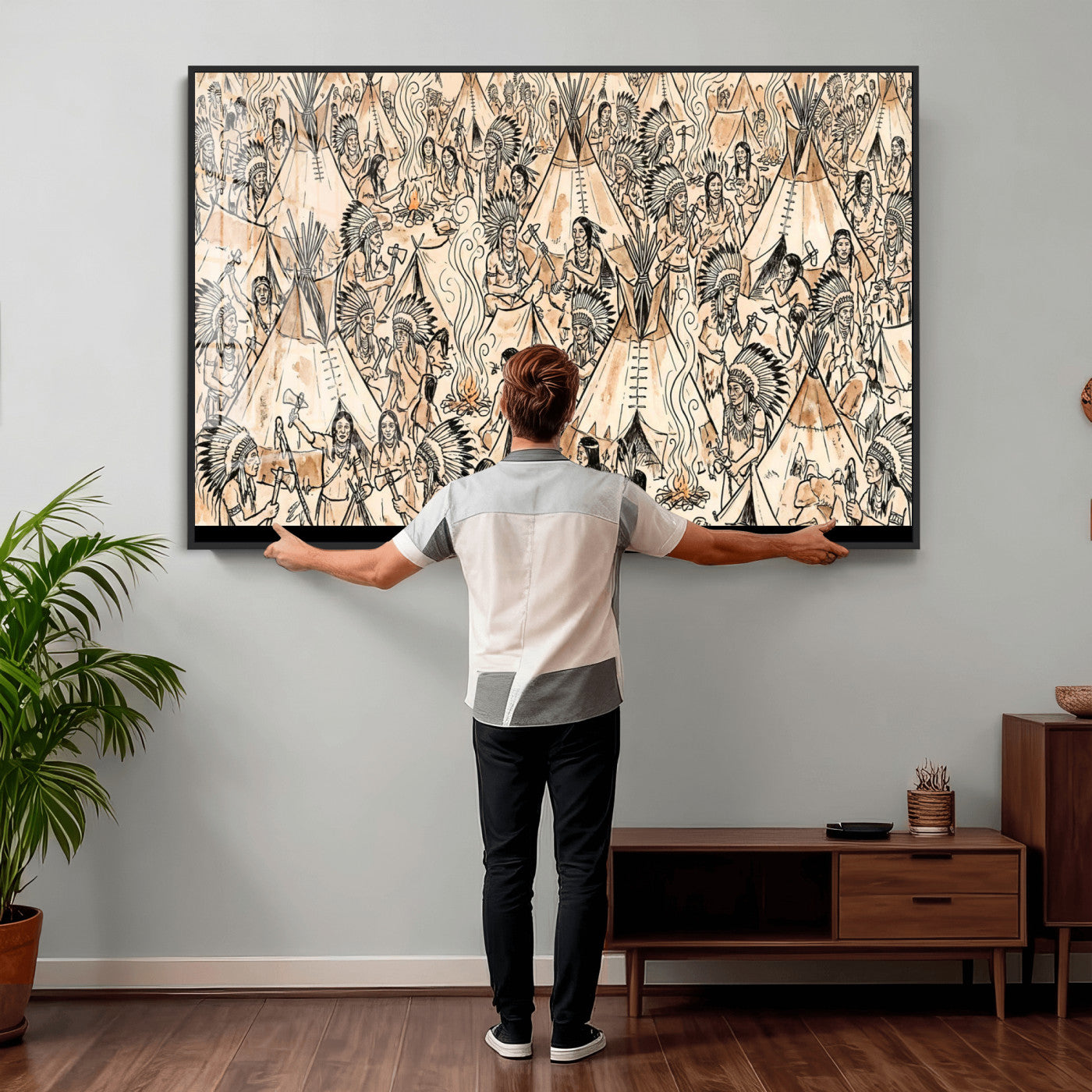 72739176-MGV-CV-36X24 - Farmhouse Animals Wall Art Canvas Print - Abstract Farm Animal Drawing Mid-Century Wall Art for Cabin Decor