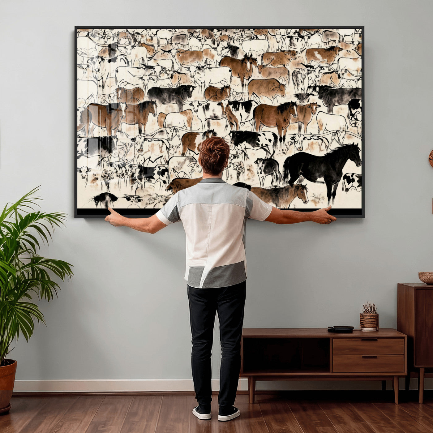86150485-MGV-CV-36X24 - Farmhouse Animals Wall Art Canvas Print - Abstract Farm Animal Drawing Mid-Century Wall Art for Cabin Decor