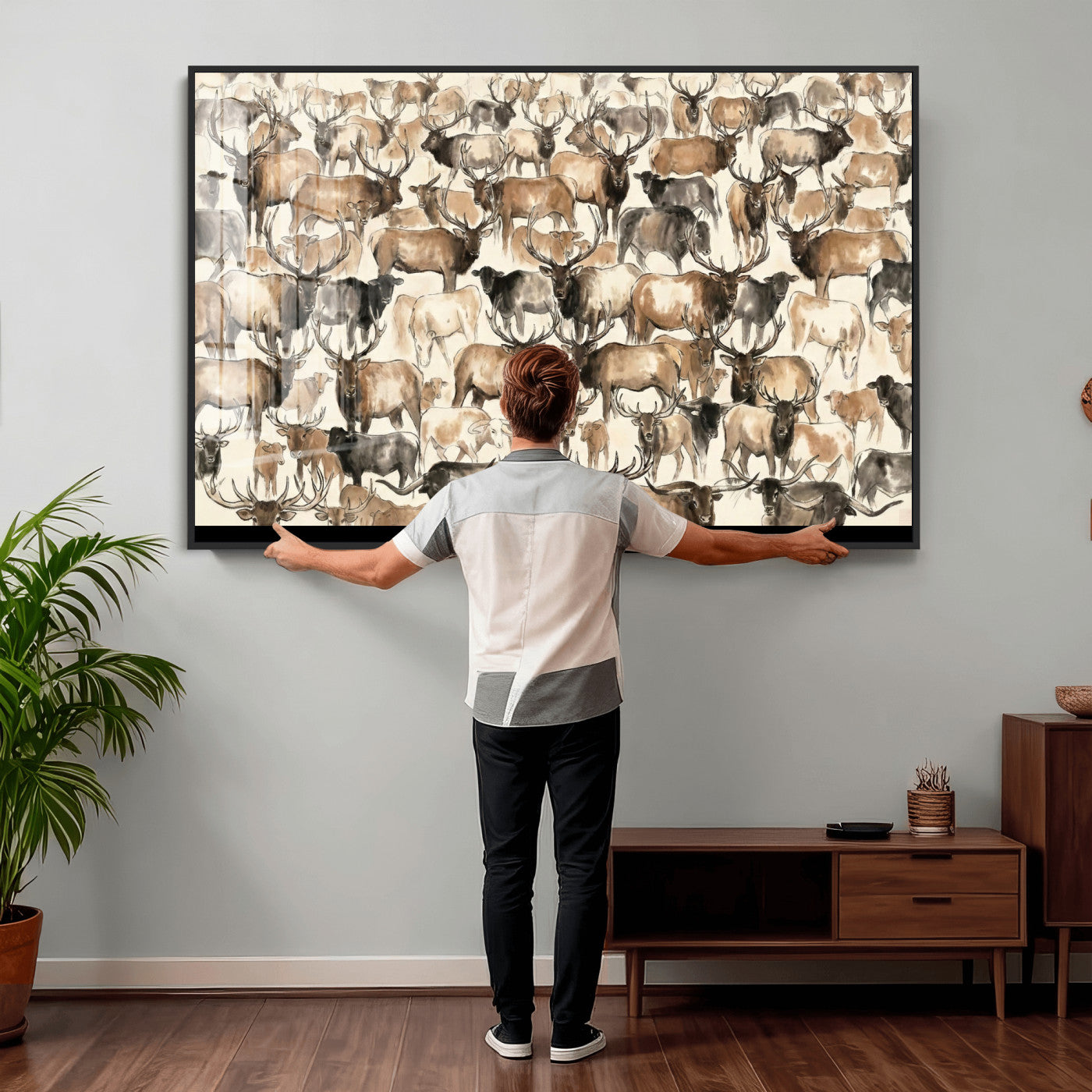 24374881-MGV-CV-36X24 - Farmhouse Animals Wall Art Canvas Print - Abstract Farm Animal Drawing Mid-Century Wall Art for Cabin Decor