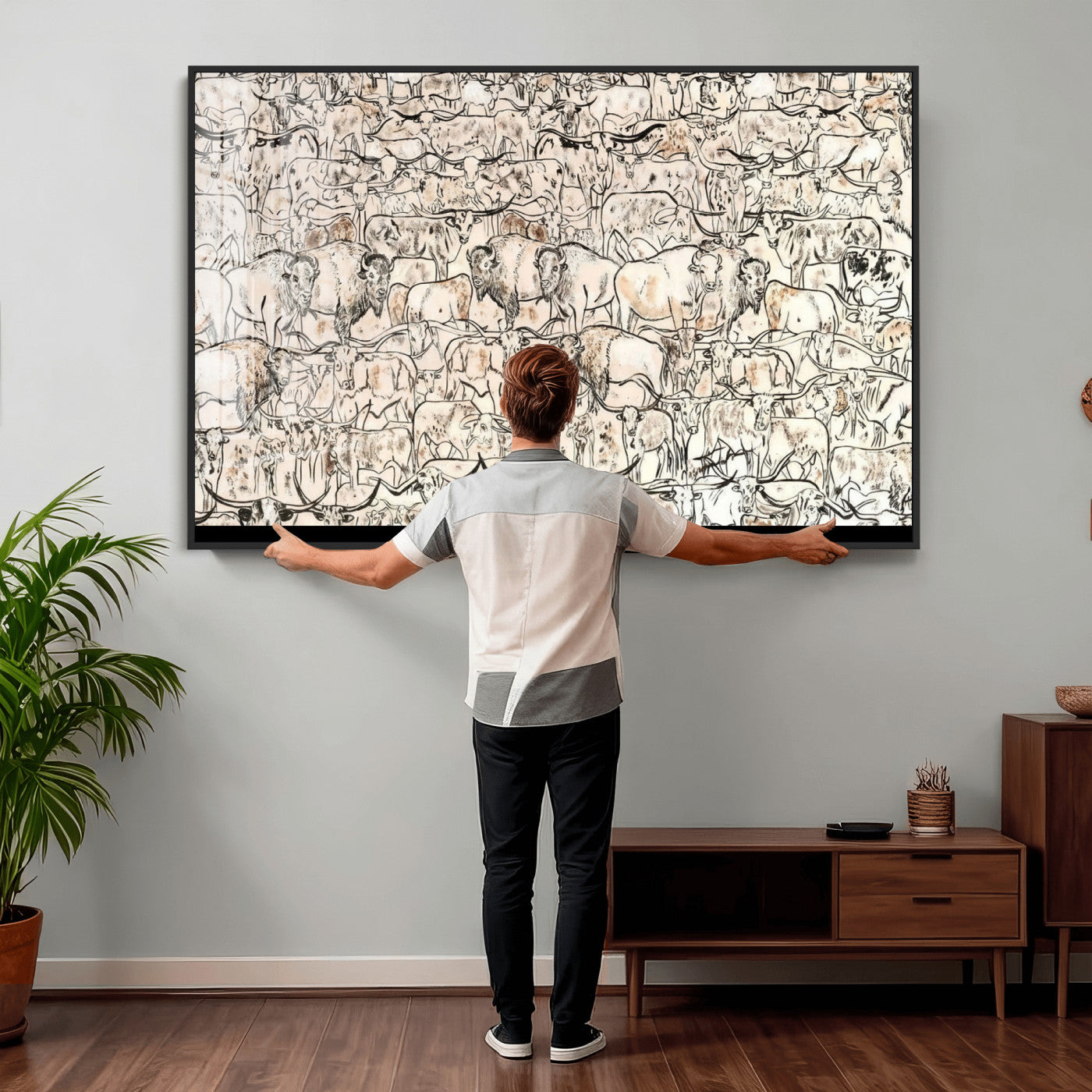 36925875-MGV-CV-36X24 - Farmhouse Animals Wall Art Canvas Print - Abstract Farm Animal Drawing Mid-Century Wall Art for Cabin Decor