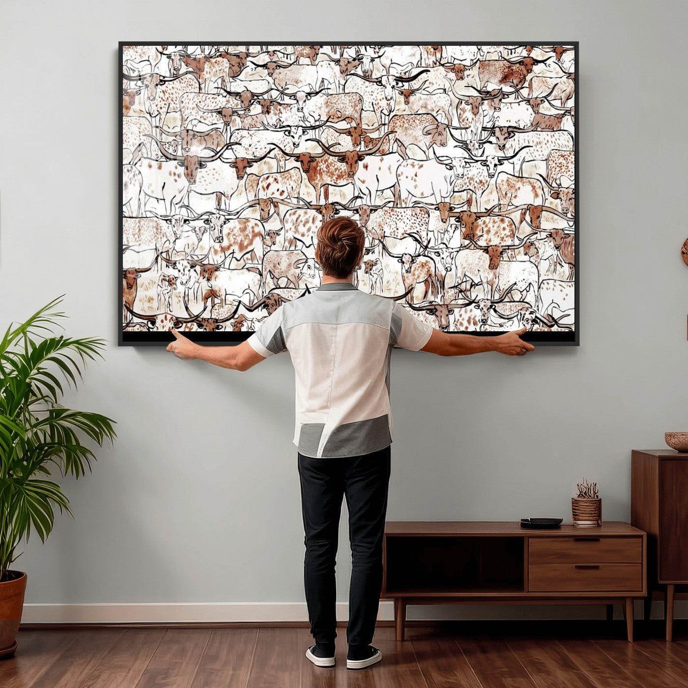 71869761-MGV-CV-36X24 - Farmhouse Animals Wall Art Canvas Print - Abstract Farm Animal Drawing Mid-Century Wall Art for Cabin Decor