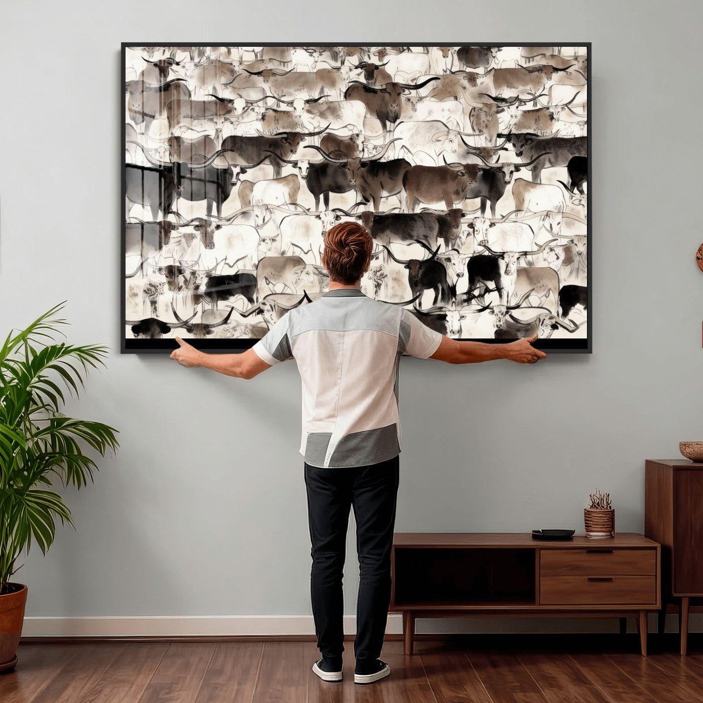 46084312-MGV-CV-36X24 - Farmhouse Animals Wall Art Canvas Print - Abstract Farm Animal Drawing Mid-Century Wall Art for Cabin Decor