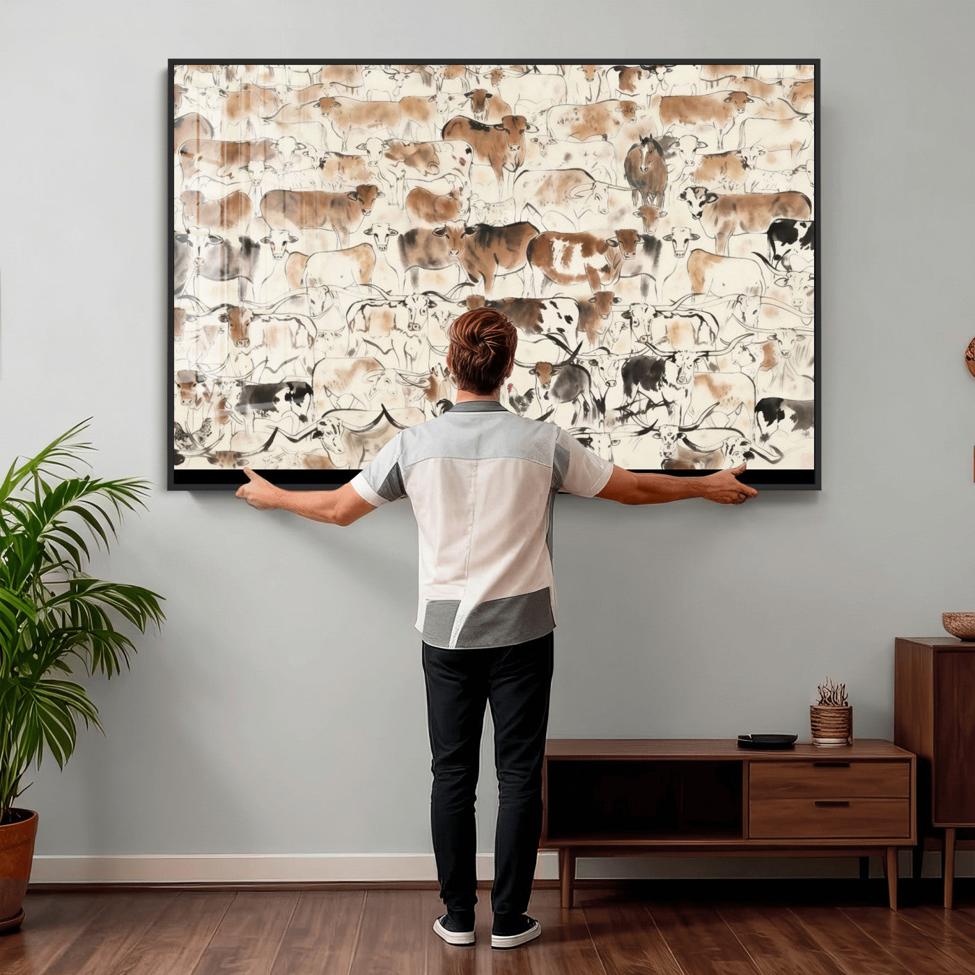 69961368-MGV-CV-36X24 - Farmhouse Animals Wall Art Canvas Print - Abstract Farm Animal Drawing Mid-Century Wall Art for Cabin Decor