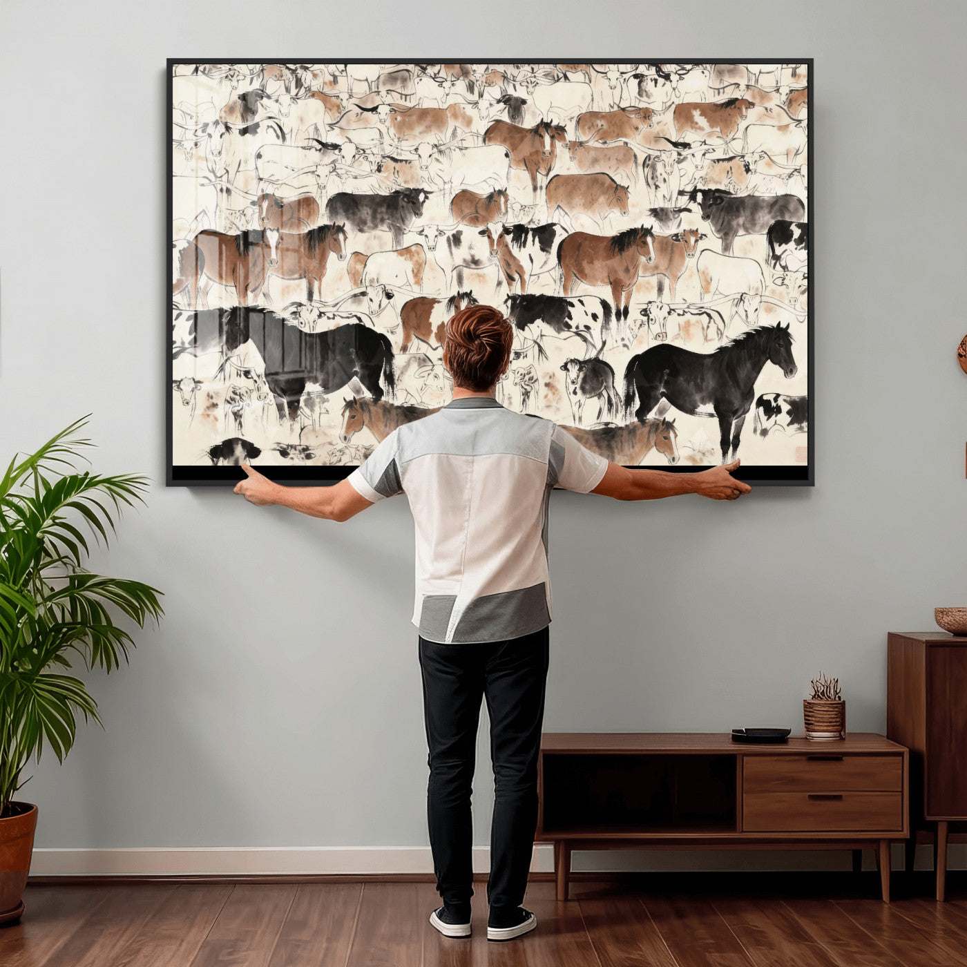 74171578-MGV-CV-36X24 - Farmhouse Animals Wall Art Canvas Print - Abstract Farm Animal Drawing Mid-Century Wall Art for Cabin Decor