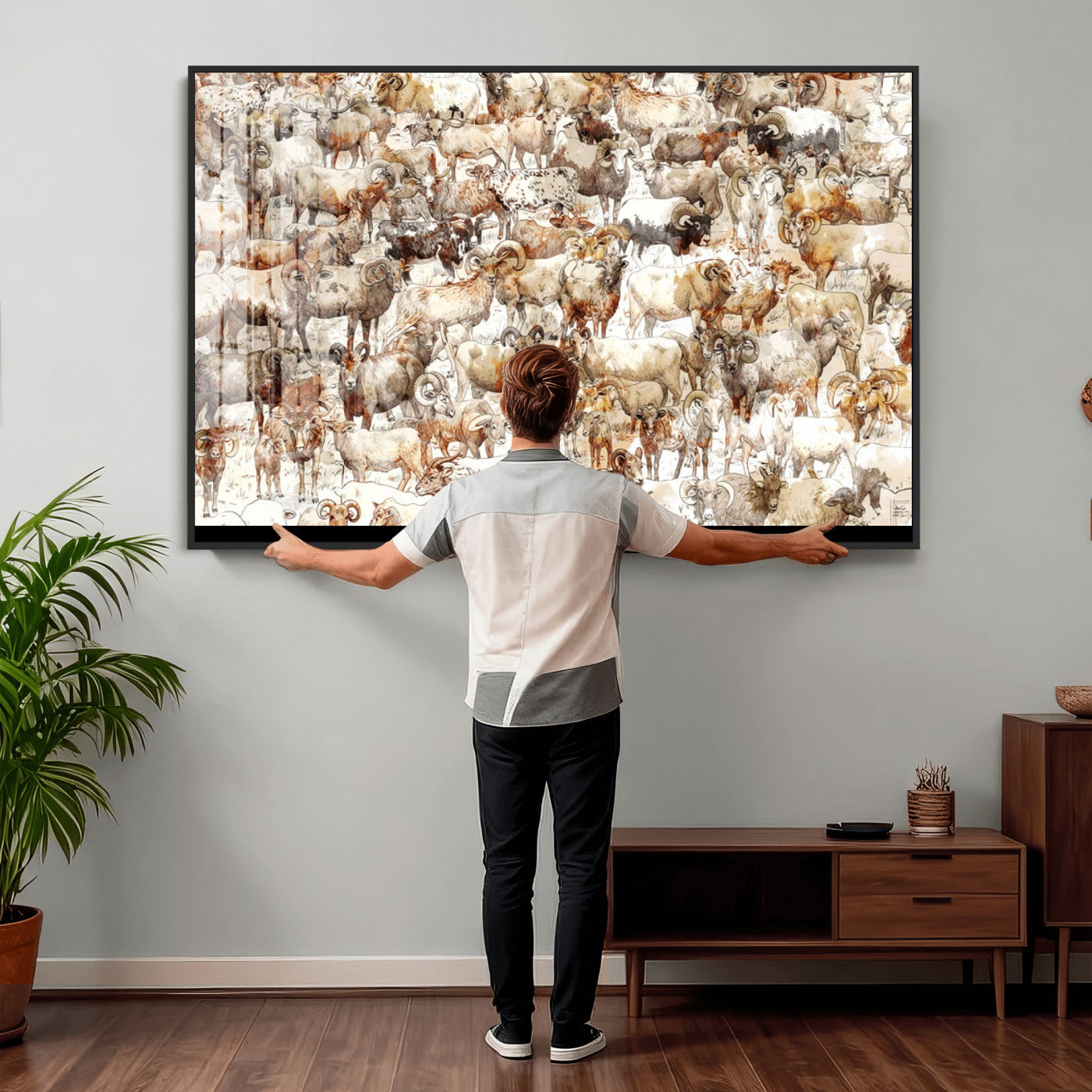 95103864-MGV-CV-36X24 - Farmhouse Animals Wall Art Canvas Print - Abstract Farm Animal Drawing Mid-Century Wall Art for Cabin Decor