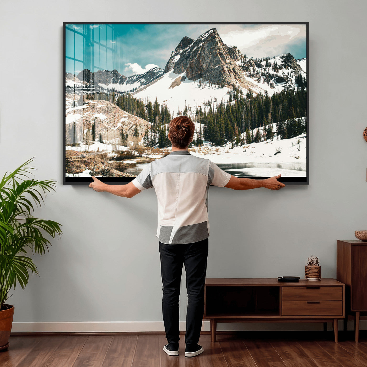 56837070-MGV-CV-36X24 - Snowy Mountain Landscape Wall Art Canvas Print, Alpine Pine Forest Winter Nature Wall Decor for Living Room and Office