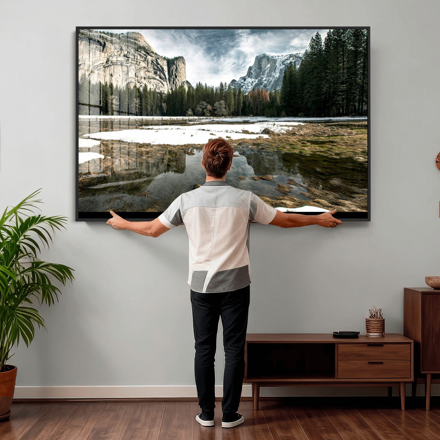 14527348-MGV-CV-36X24 - Yosemite Valley Mountain Landscape Wall Art Canvas Print, Granite Cliff Forest Valley Canvas Print, California National Park Scenic Art Printing