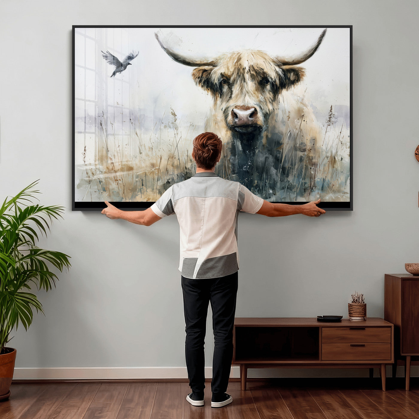 55652651-MGV-CV-36X24 - Abstract Highland Cow Watercolor Animal Wall Art Canvas Print, Rustic Farm Cattle Portrait Canvas Print, Neutral Wildlife Farmhouse Art Printing