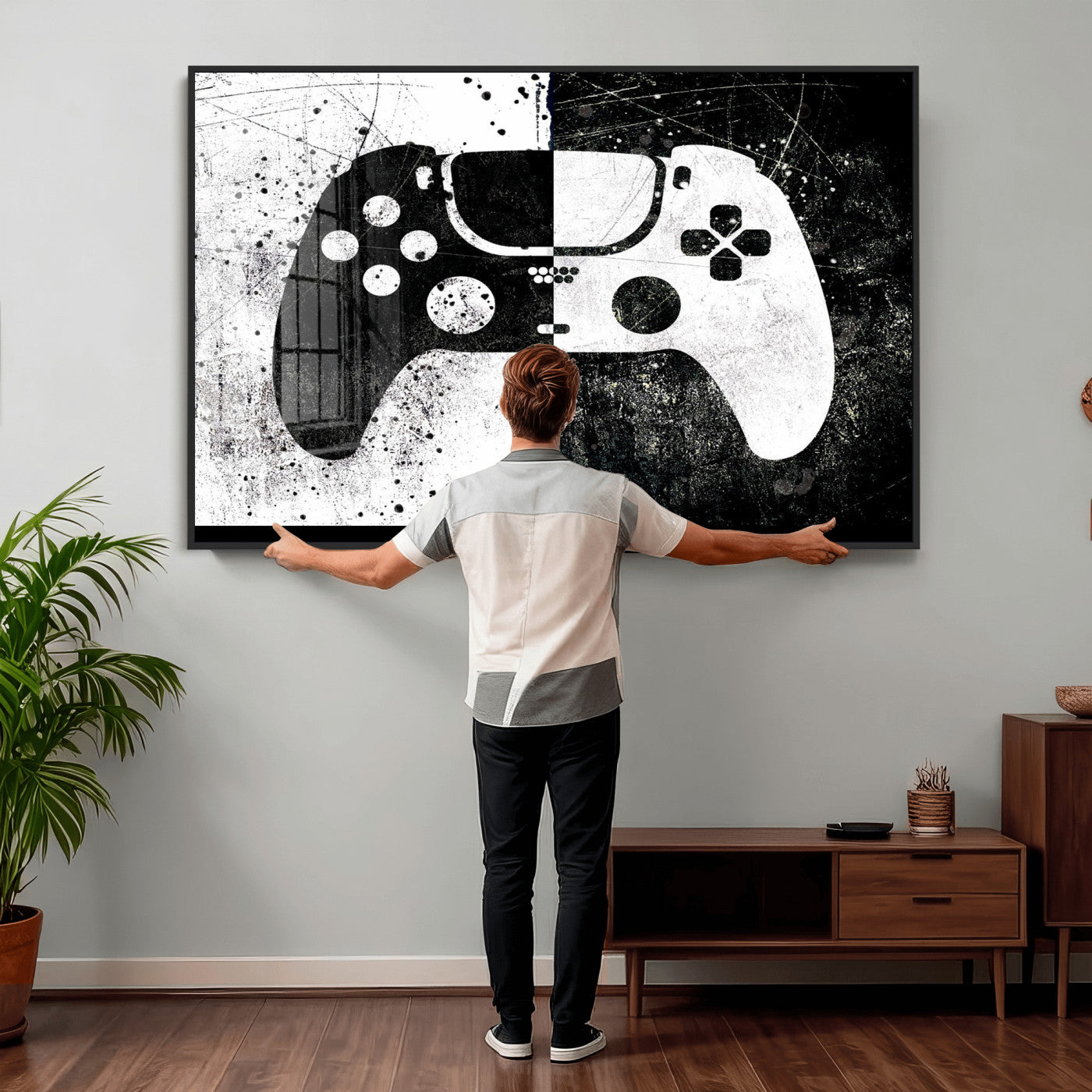 17525128-MGV-CV-36X24 - Abstract Gaming Controller Wall Art Canvas Print, Black White Video Game Controller Modern Canvas Print, Minimal Gamer Graphic Art Printing