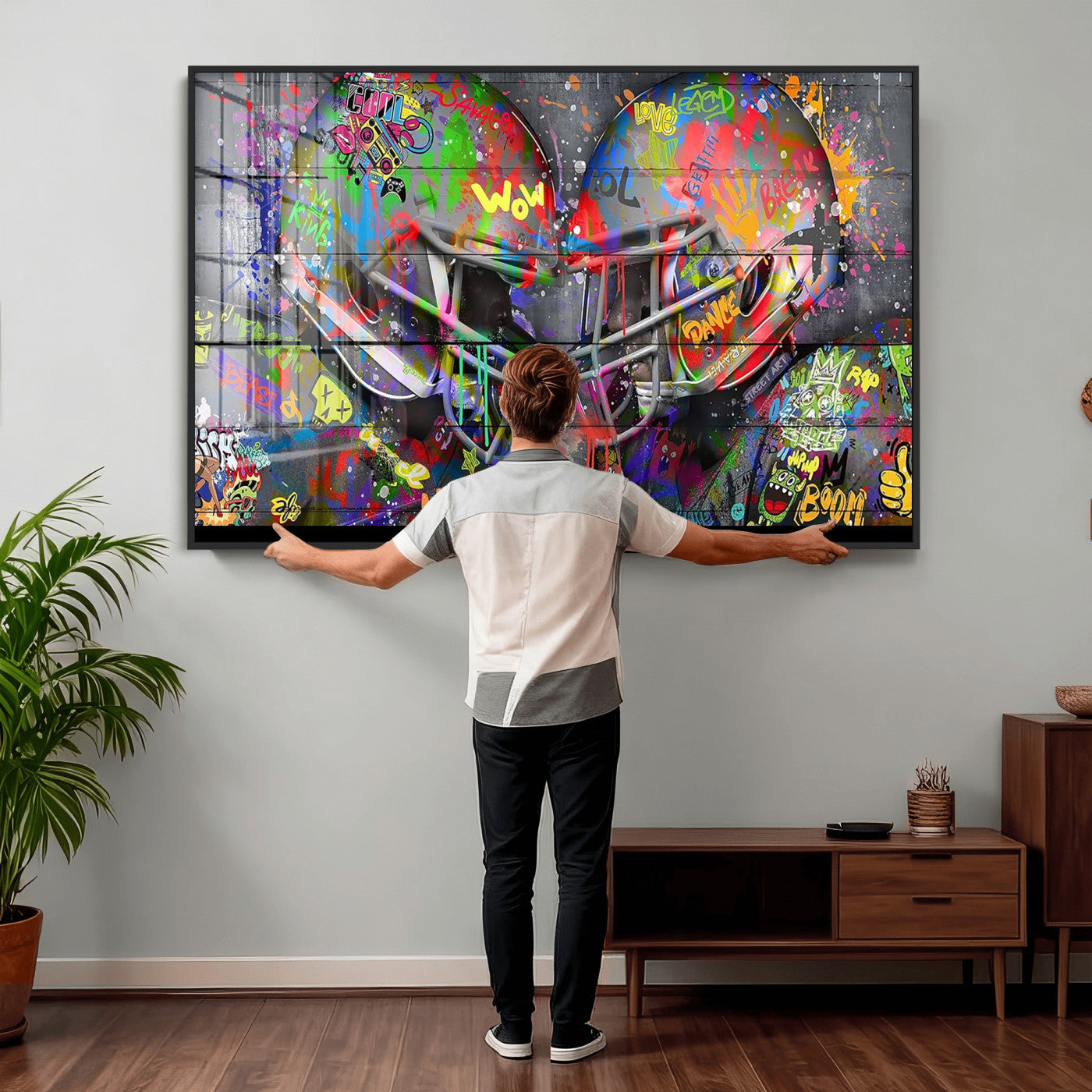 15309853-MGV-CV-36X24 - Graffiti Football Helmets Wall Art Canvas Print, Urban Street Art Sports Decor, Colorful American Football Graffiti Artwork