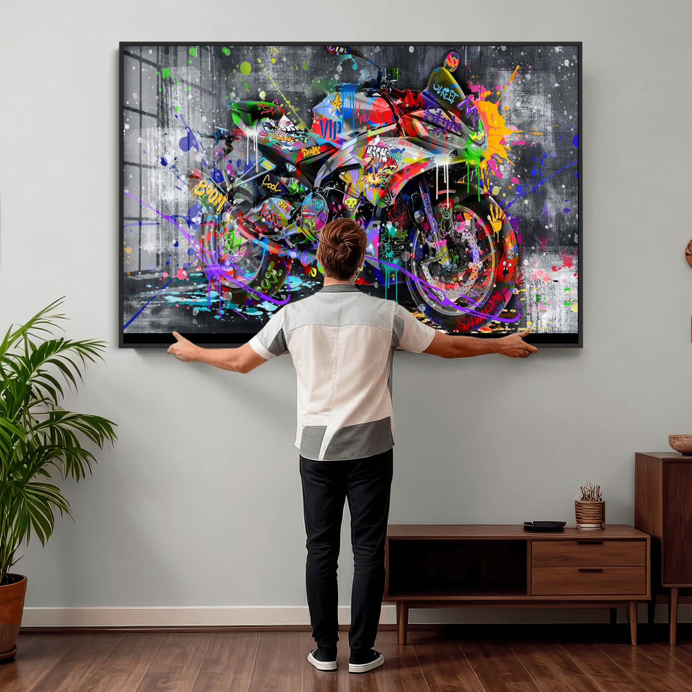 83021767-MGV-CV-36X24 - Graffiti Motorcycle Wall Art Canvas Print, Urban Street Art Motorbike Decor, Colorful Graffiti Sports Bike Artwork