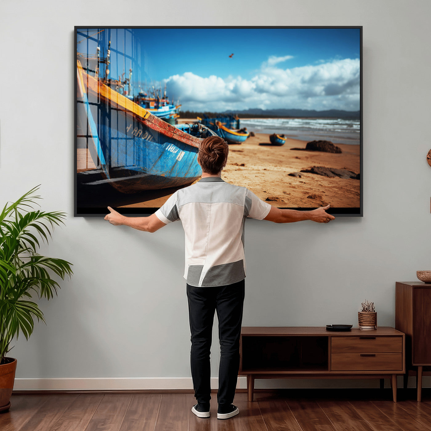 70925201-MGV-CV-36X24 - Fishing Boats Wall Art Canvas Print, Coastal Boat Beach Scene, Nautical Seaside Artwork, Ocean Shore Decor, Coastal Home Wall Art