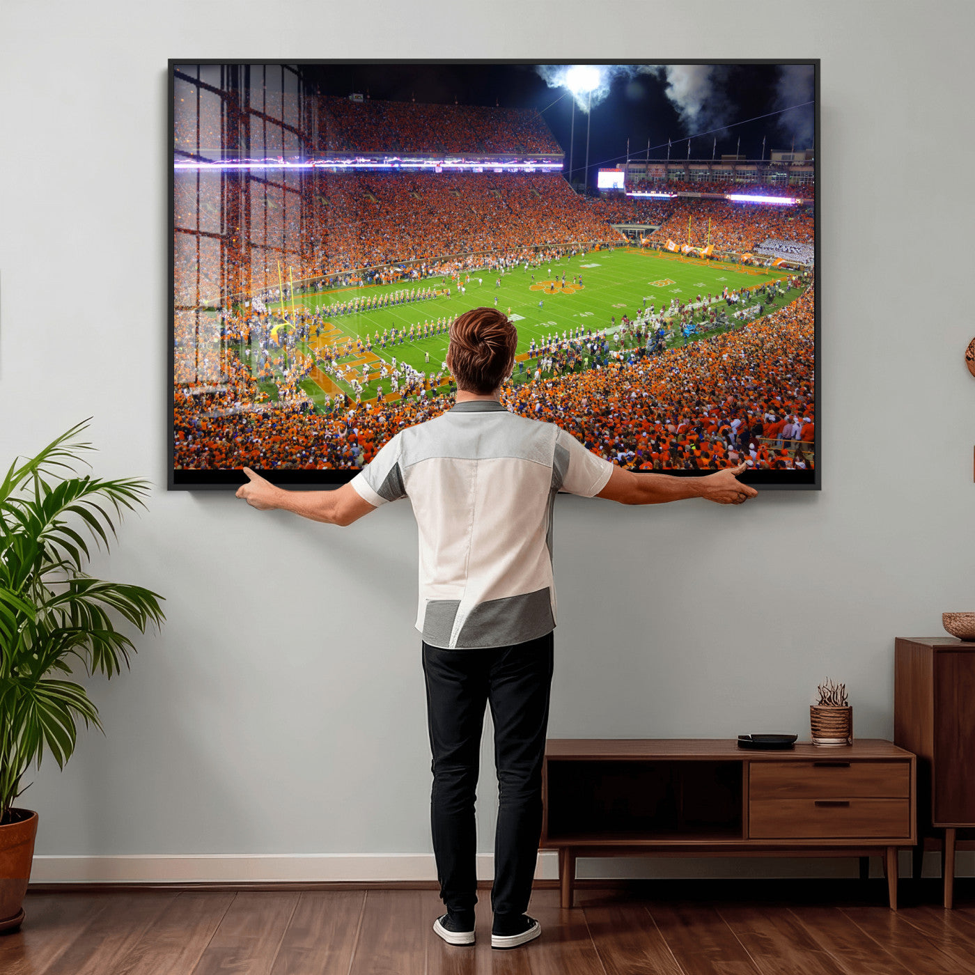 43662631-MGV-CV-36X24 - Clemson Football Stadium Wall Art Canvas Print, College Football Crowd Night Game Scene, Orange Stadium Panorama Wall Decor