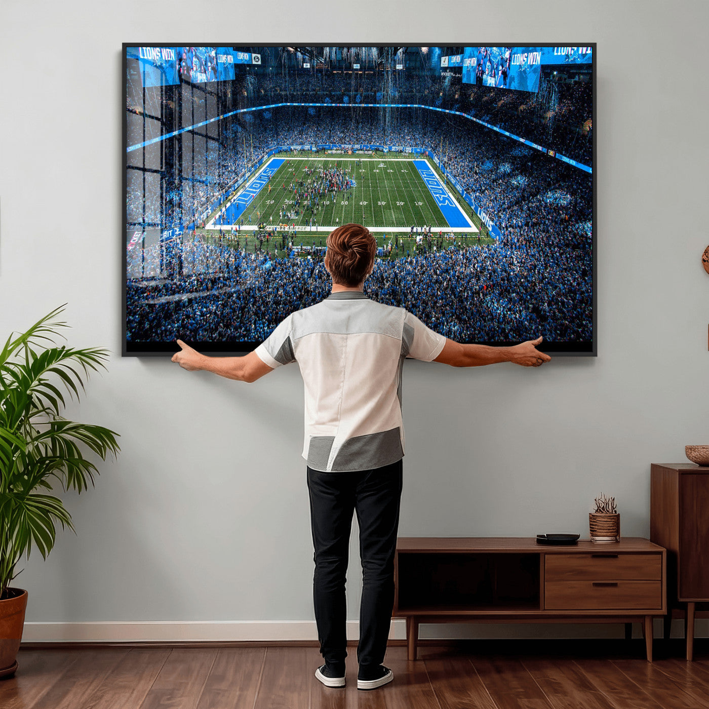 80882005-MGV-CV-36X24 - Detroit Lions Stadium Wall Art Canvas Print, Football Field Panorama Artwork, NFL Game Night Stadium Decor