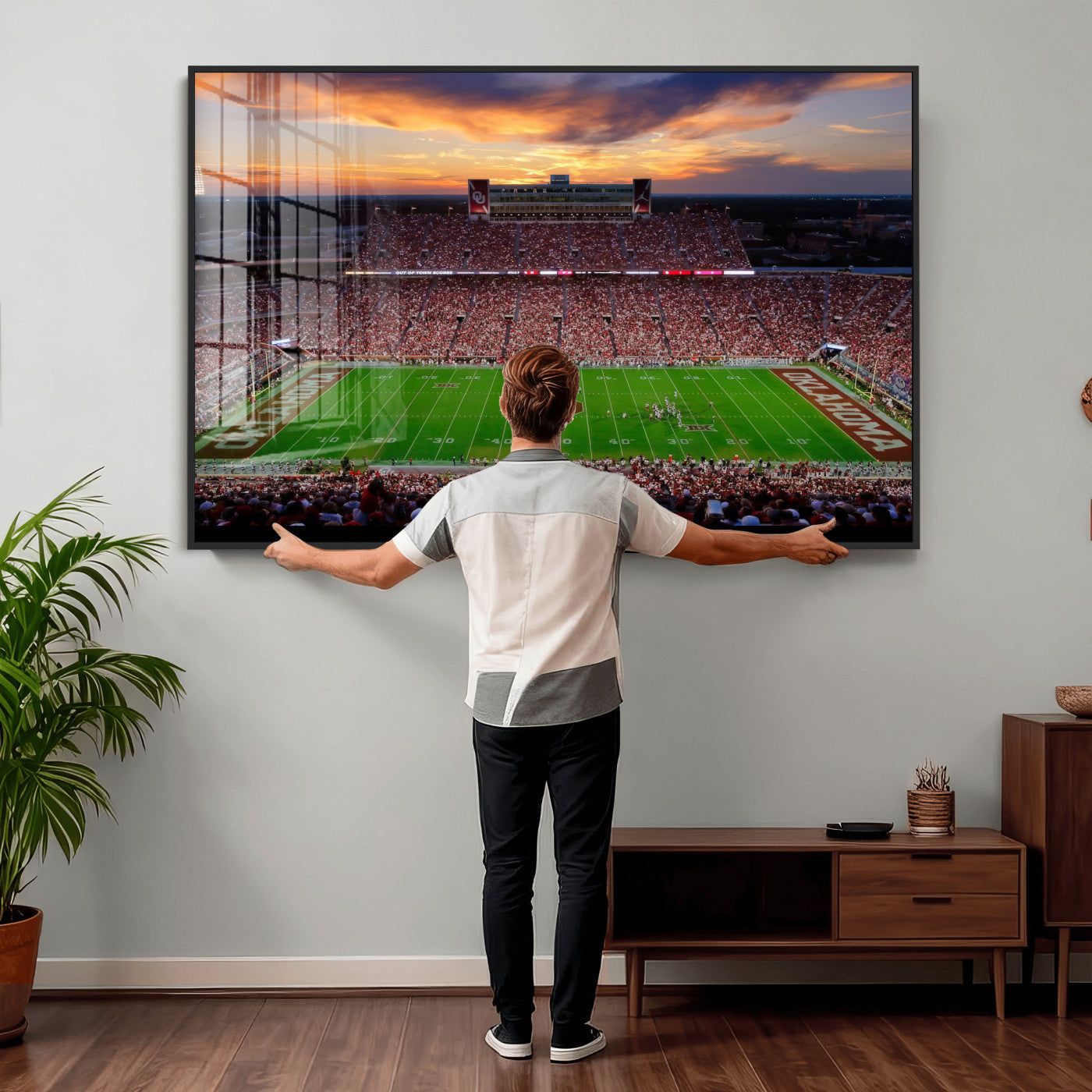 51457497-MGV-CV-36X24 - Oklahoma Sooners Stadium Wall Art Canvas Print, College Football Sunset Game Scene, OU Football Field Panorama Wall Decor