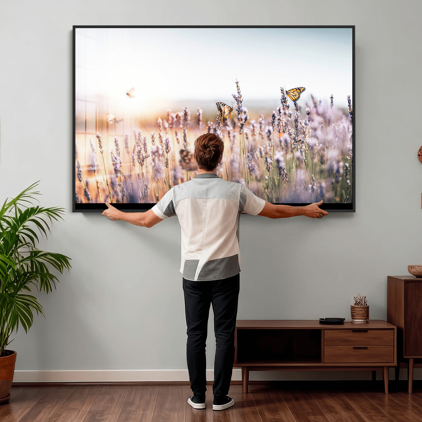 46417478-MGV-CV-36X24 - Lavender Field Wall Art Canvas Print, Butterfly Floral Landscape Art, Soft Nature Wall Decor for Bedroom