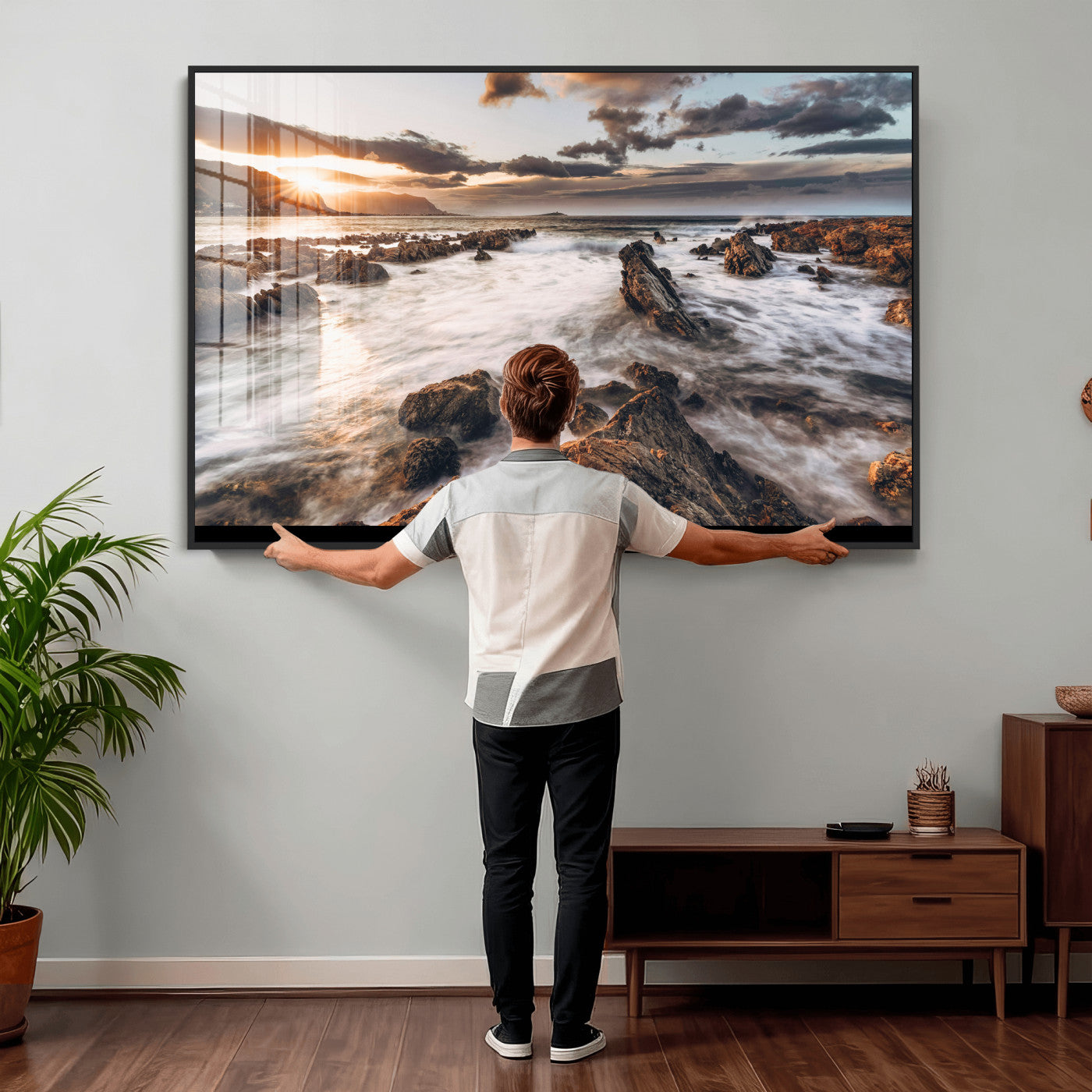 66746024-MGV-CV-36X24 - Rocky Coast Ocean Sunset Wall Art Canvas Print, Dramatic Seascape Nature Wall Decor for Living Room and Office