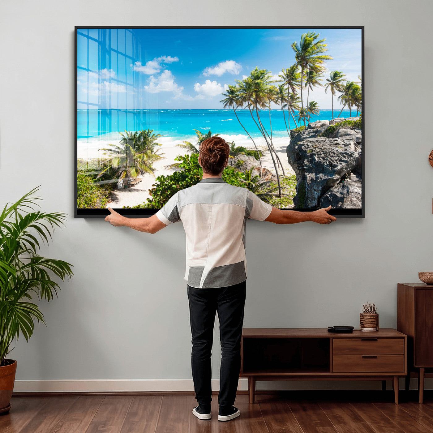 98605610-MGV-CV-36X24 - Tropical Beach Wall Art Canvas Print, Palm Tree Ocean Landscape Photography, Caribbean Coastal Artwork