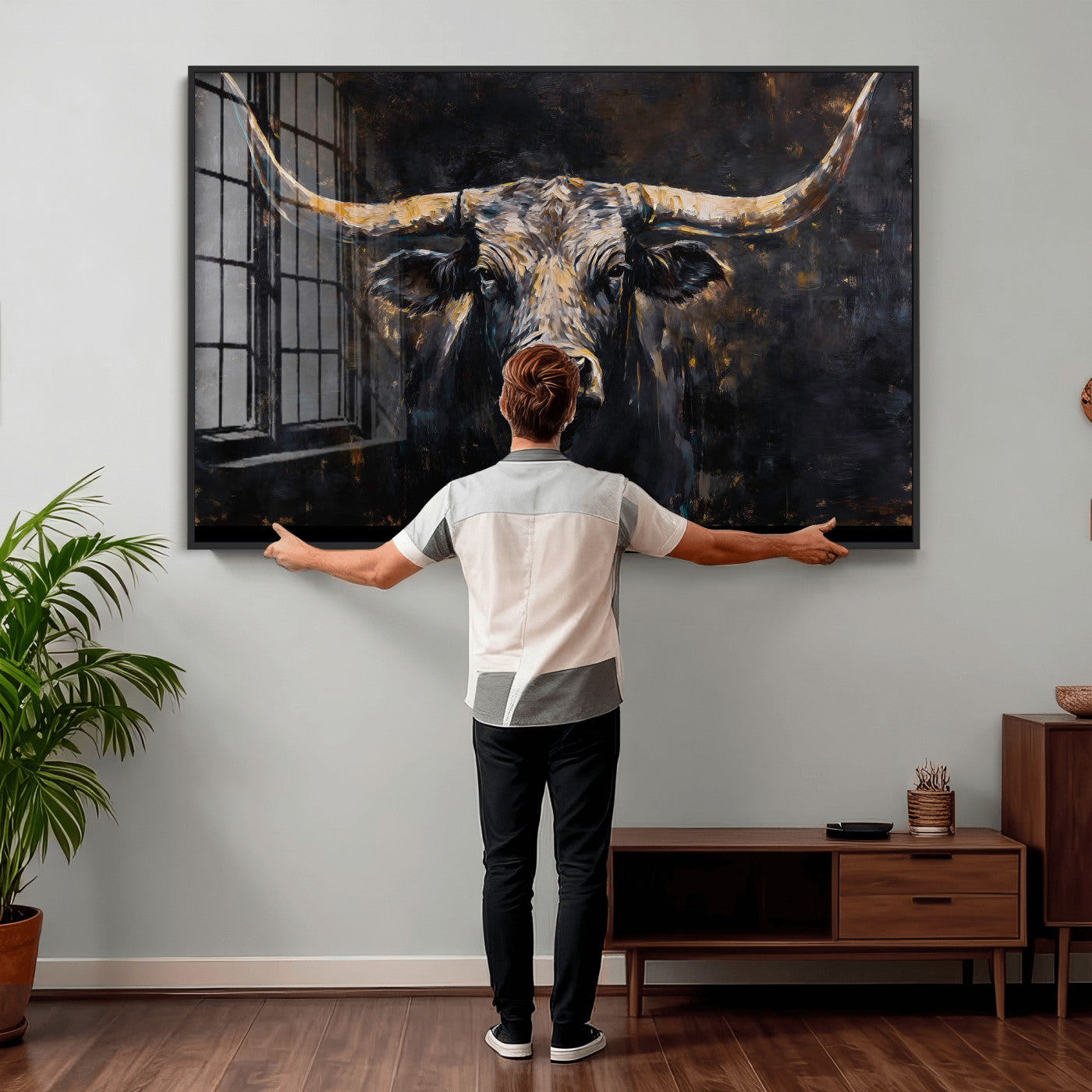 17622011-MGV-CV-36X24 - Abstract Longhorn Bull Wall Art Canvas Print – Dark Rustic Western Cattle Artwork for Farmhouse, Ranch, Cabin, and Office Decor