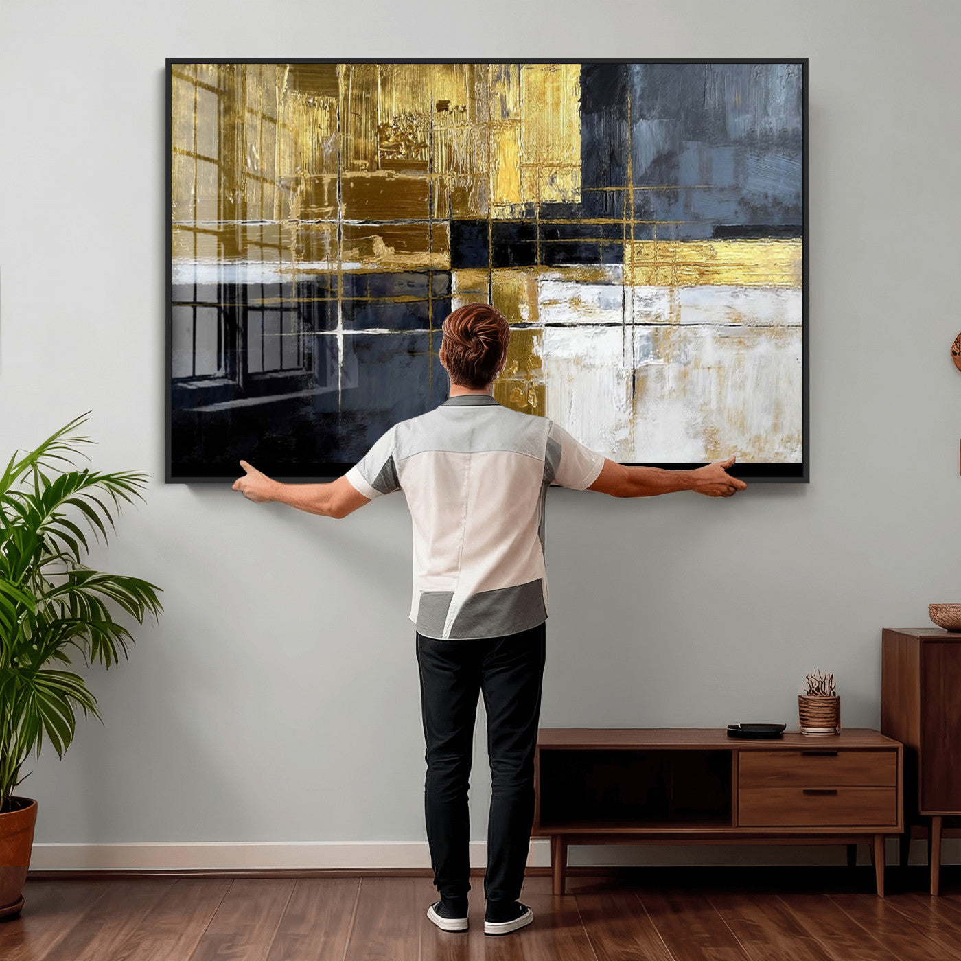 76917030-MGV-CV-36X24 - Gold Navy Abstract Wall Art Canvas Print, Modern Luxury Geometric Painting Wall Decor for Living Room and Office