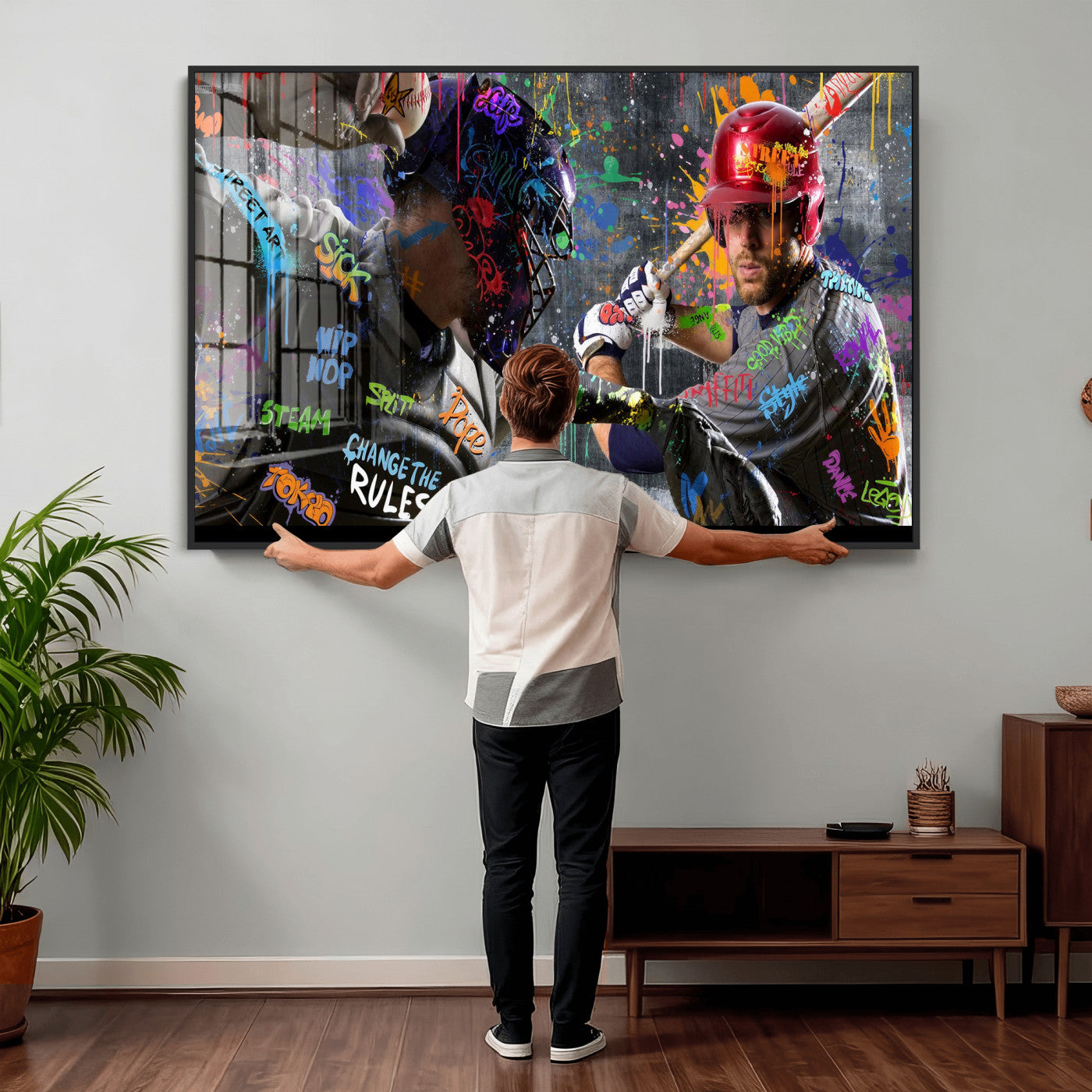 19634994-MGV-CV-36X24 - Graffiti Baseball Player Street Art Wall Art Canvas Print, Urban Sports Pop Art Baseball Canvas Print, Modern Athletic Graffiti Contemporary Art Printing