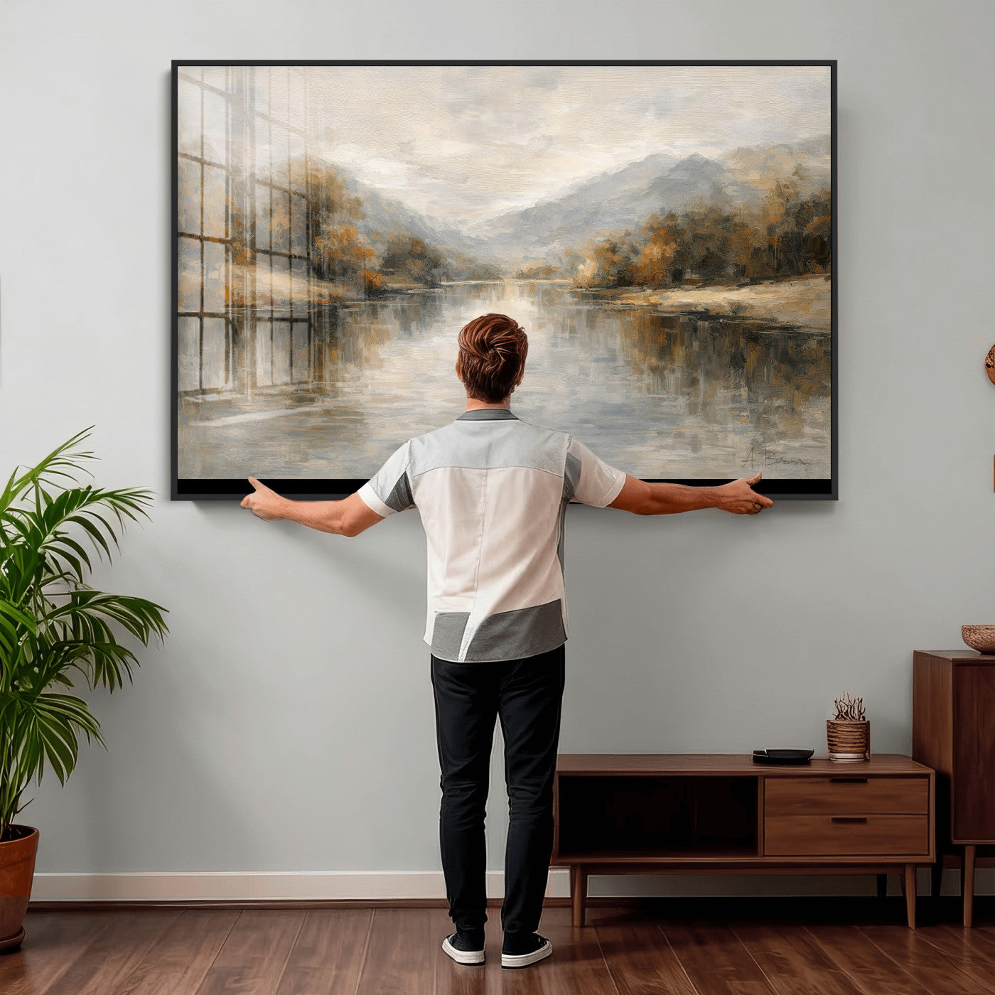 29251761-MGV-CV-36X24 - Neutral Abstract River Landscape Wall Art Canvas Print, Modern Minimal Nature Reflection Canvas Print, Beige Gray Contemporary Mountain Art Printing