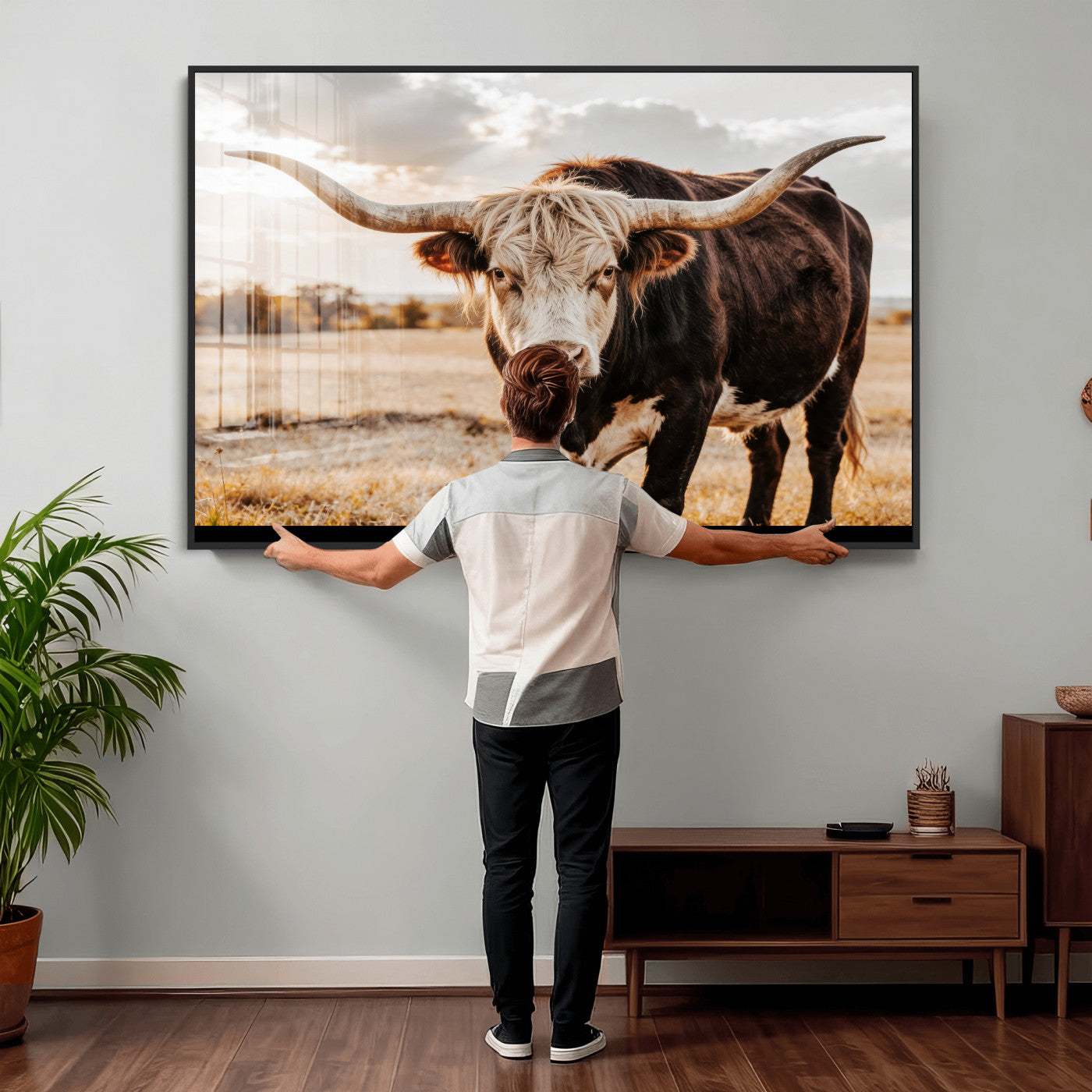 88230279-MGV-CV-36X24 - Texas Longhorn Bull Rustic Wall Art Canvas Print, Western Cattle Photography Canvas Print, Ranch Farm Animal Western Art Printing