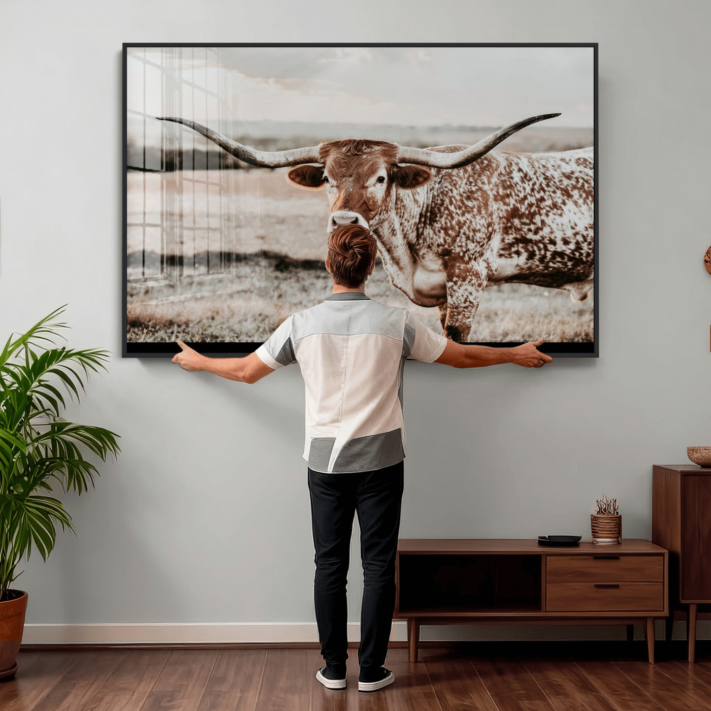 73897046-MGV-CV-36X24 - Texas Longhorn Bull Rustic Wall Art Canvas Print, Western Cattle Photography Canvas Print, Ranch Farm Animal Western Art Printing