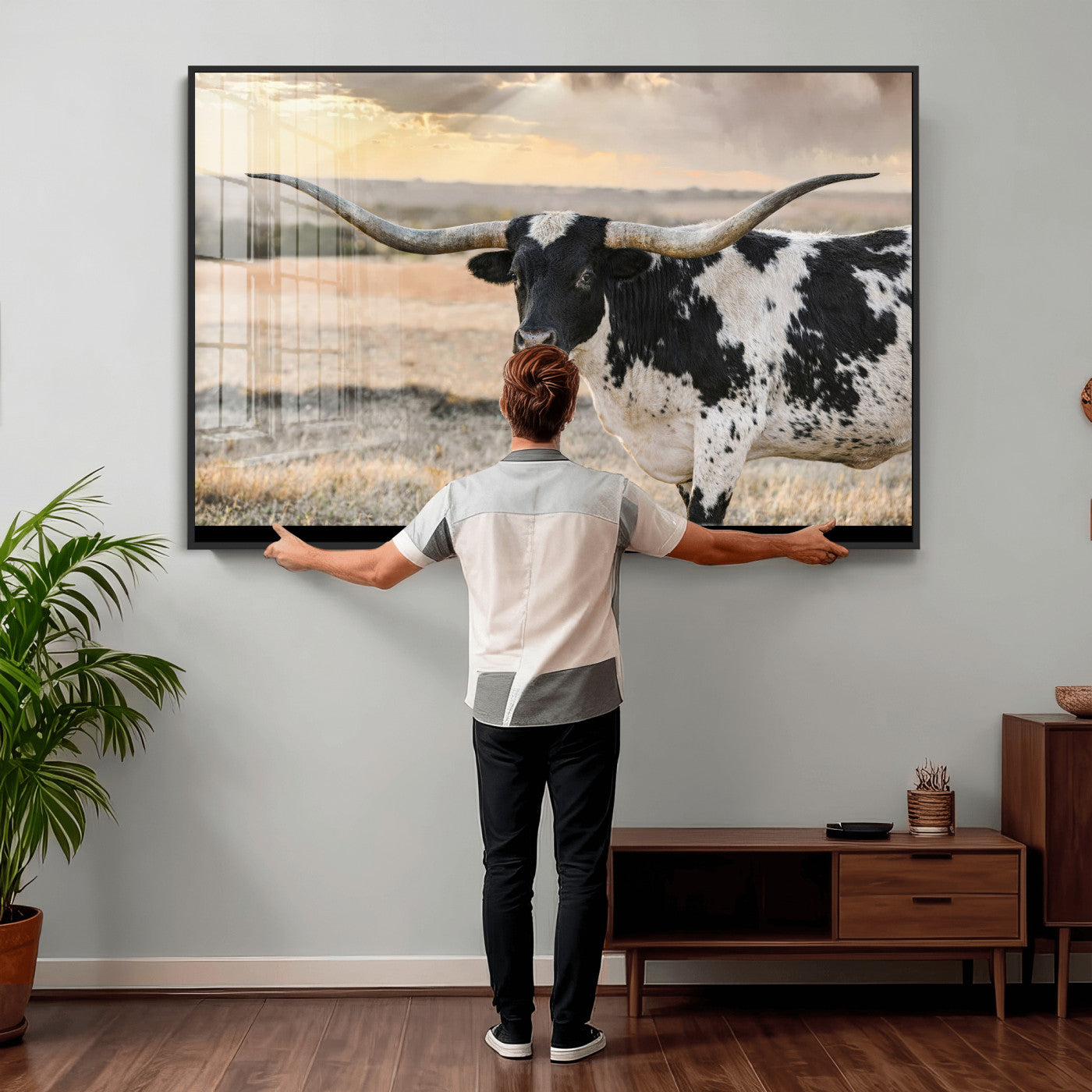 49350433-MGV-CV-36X24 - Texas Longhorn Bull Rustic Wall Art Canvas Print, Western Cattle Photography Canvas Print, Ranch Farm Animal Western Art Printing