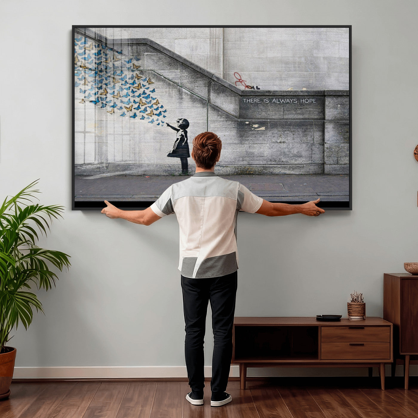 15274223-MGV-CV-36X24 - Banksy Girl with Butterflies Street Art Wall Art Canvas Print, Hope Graffiti Urban Art Canvas Print, Minimalist Inspirational Street Art Contemporary Art Printing