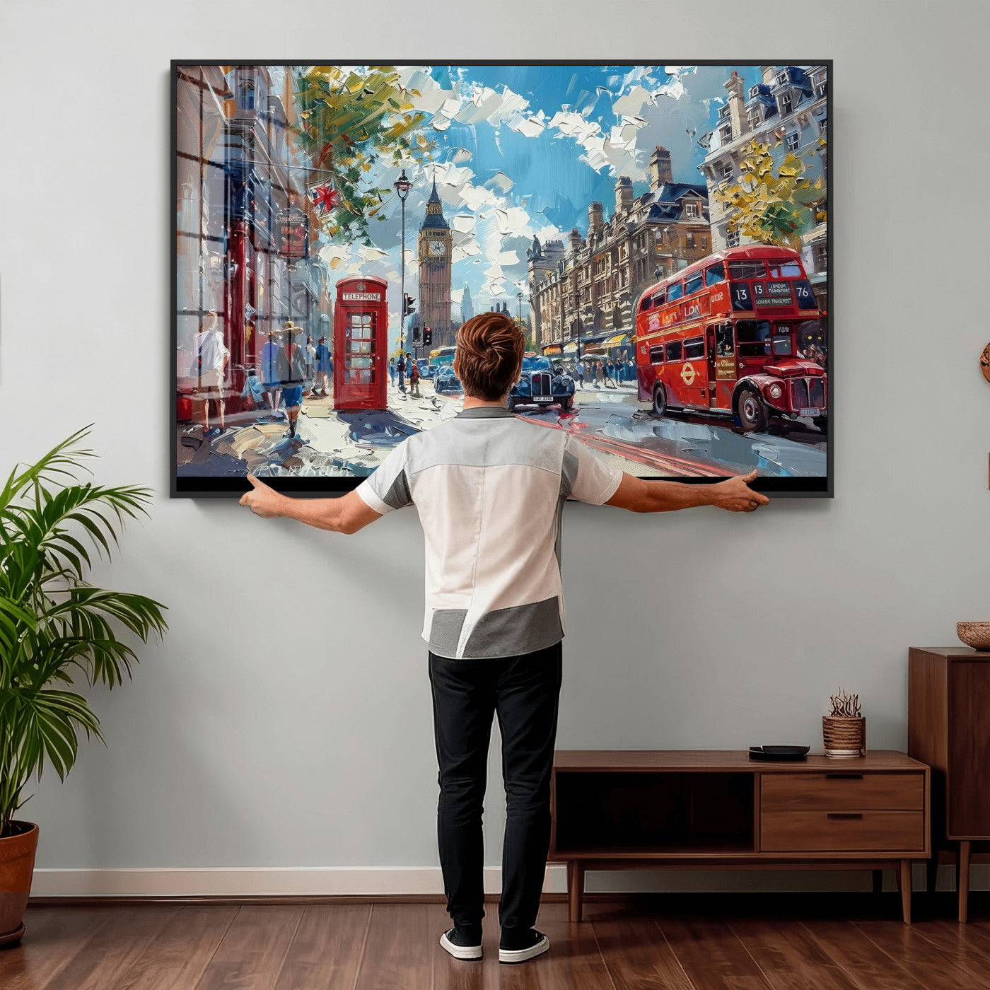 17630888-MGV-CV-36X24 - Modern London City Street Wall Art Canvas Print, Big Ben & Red Bus Artwork Canvas Print