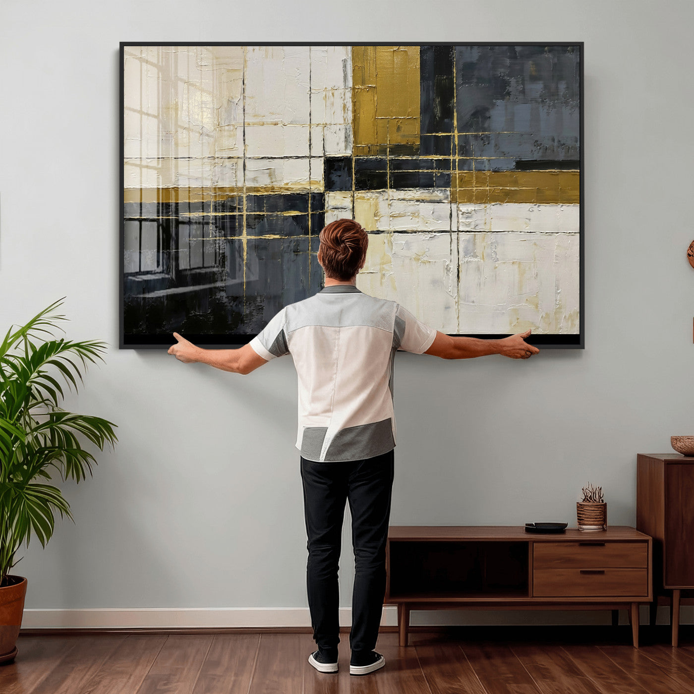 36097945-MGV-CV-36X24 - Abstract Gold and Black Wall Art Canvas Print – Modern Geometric Neutral Artwork for Living Room Decor