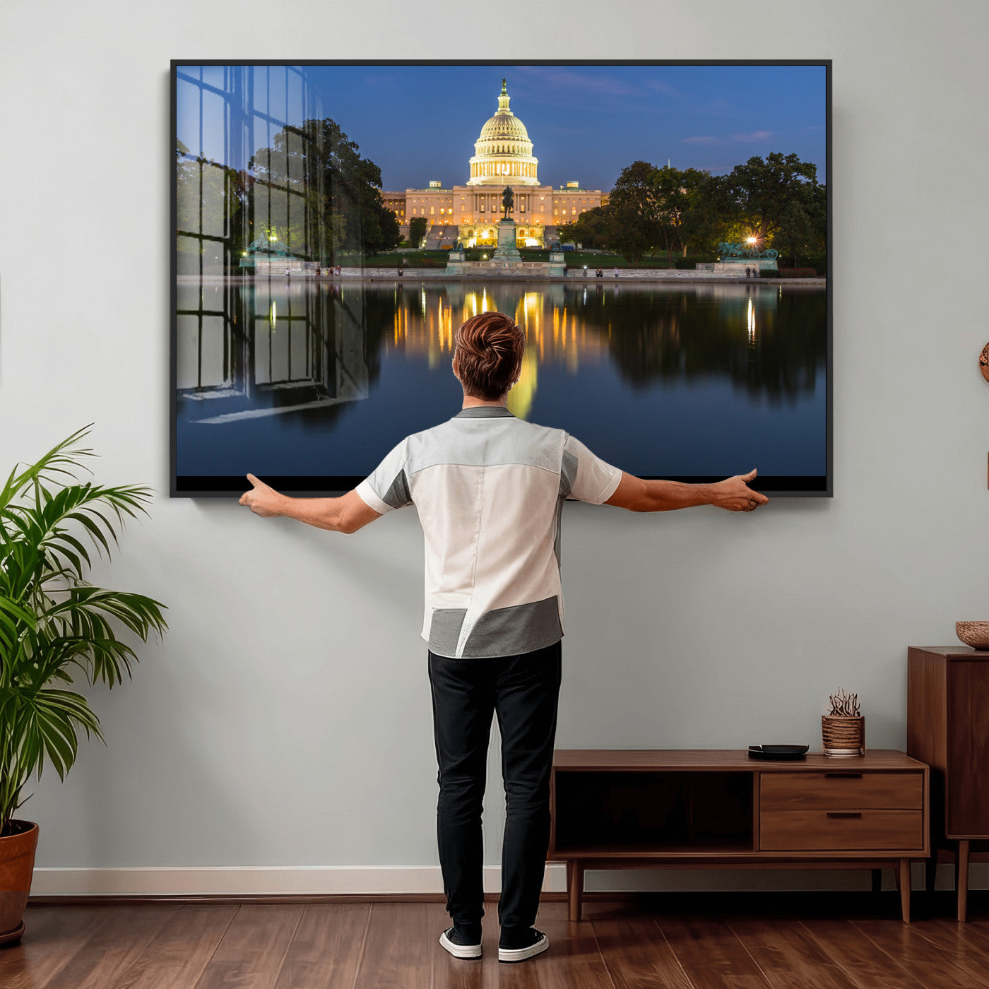 95568590-MGV-CV-36X24 - US Capitol Building Wall Art Canvas Print – Washington DC Landmark Night Reflection Artwork for Office Decor