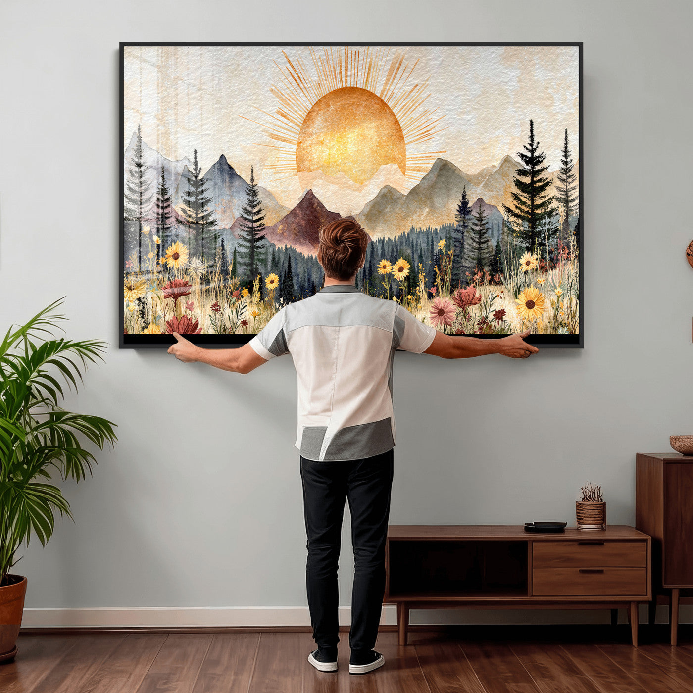 69025244-MGV-CV-36X24 - Boho Mountain Landscape Large Wall Art, Horizontal Gold Framed Canvas Print with Sun and Flowers
