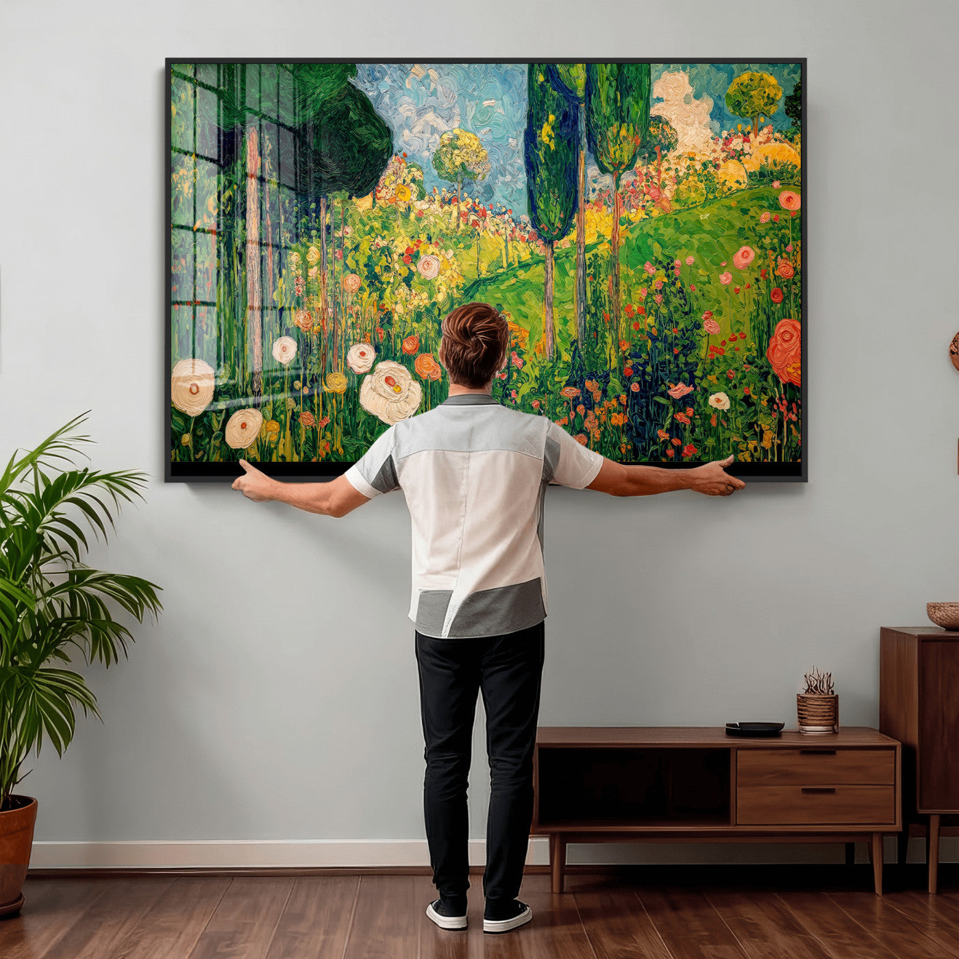 83517974-MGV-CV-36X24 - Gustav Klimt Boho Mountain Landscape Large Wall Art, Horizontal Gold Framed Canvas Print with Sun and Flowers