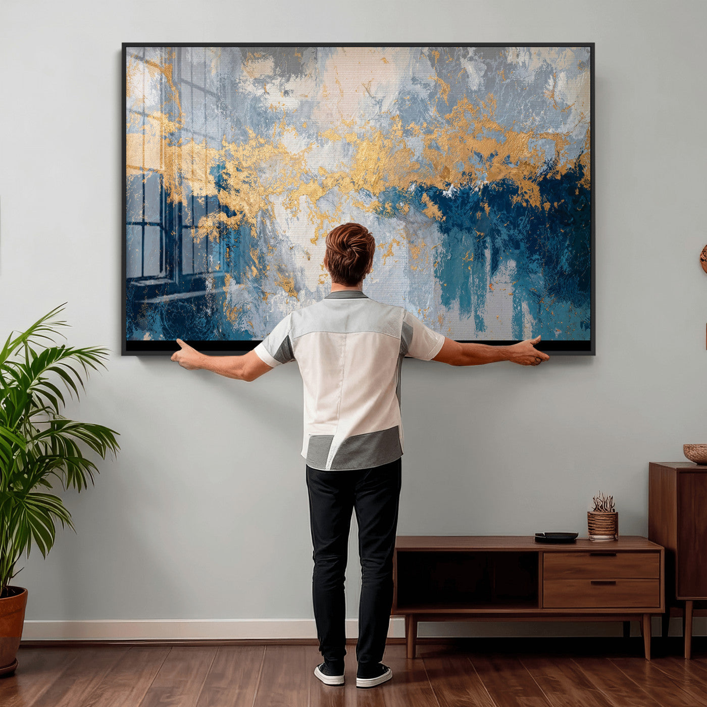 65386119-MGV-CV-36X24 - Blue Gold Abstract Large Framed Canvas Wall Art, Modern Luxury Painting Print in Horizontal Oversized Minimal Wall Decor Artwork