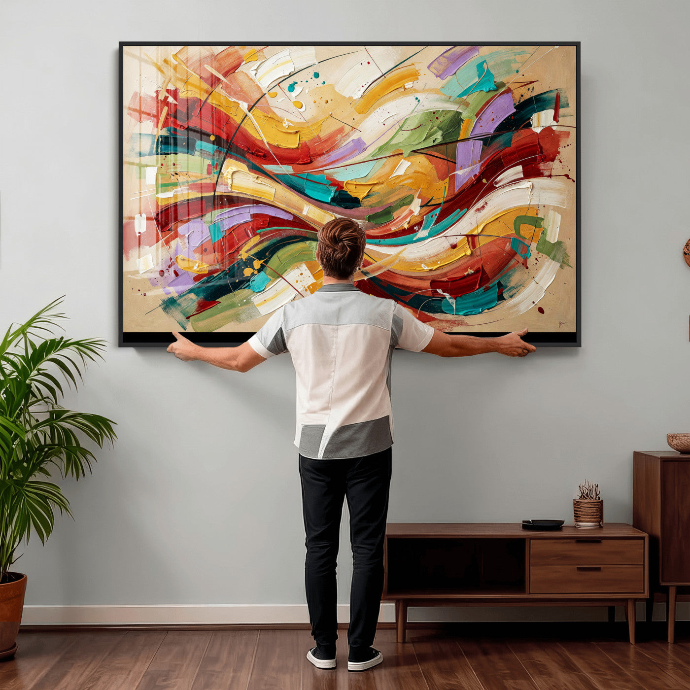 39887645-MGV-CV-36X24 - Geometric Abstract Wall Art Canvas Print, Orange Blue Abstract Expressionist Painting Print, Modern Geometric Abstract Canvas Art