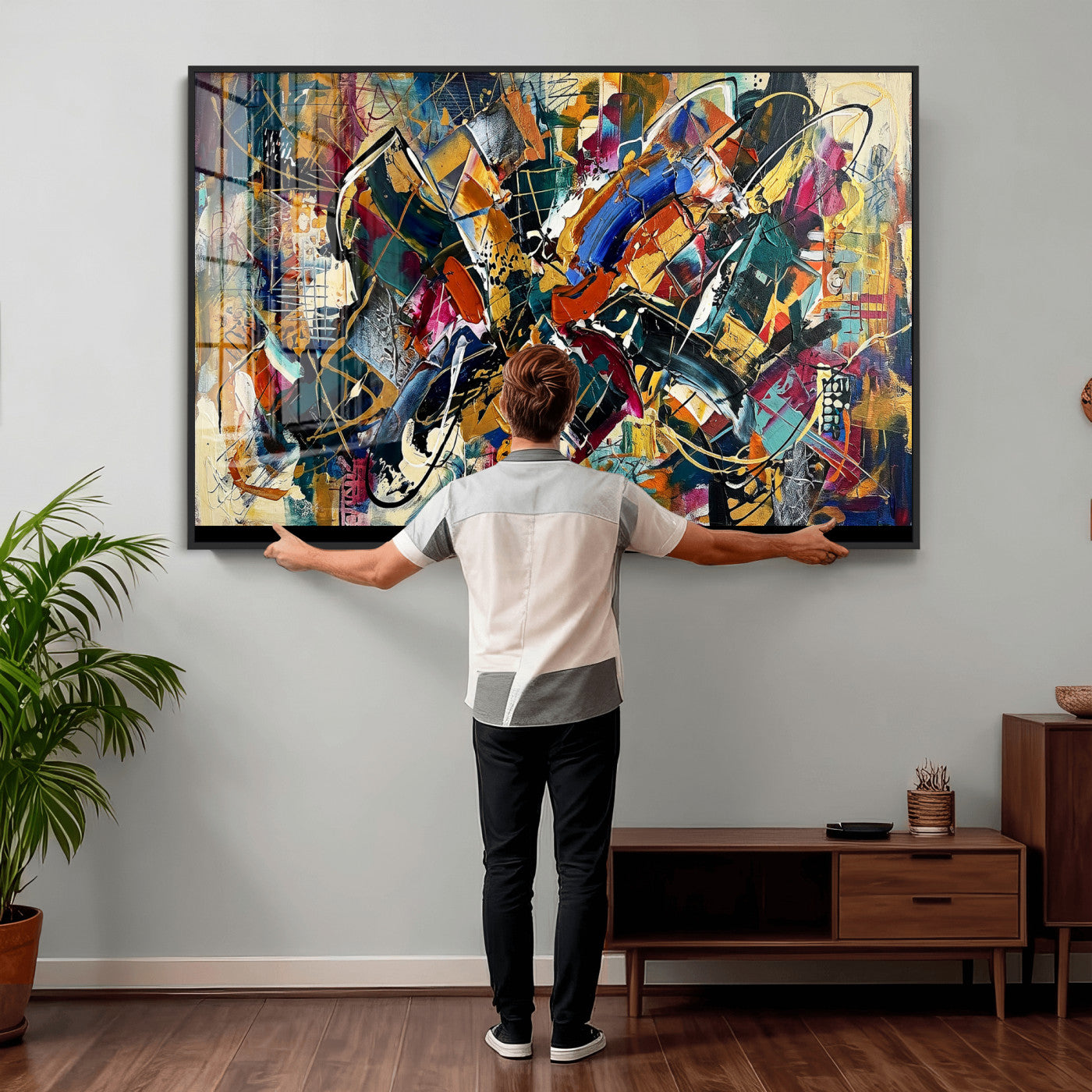 15525527-MGV-CV-36X24 - Geometric Abstract Wall Art Canvas Print, Orange Blue Abstract Expressionist Painting Print, Modern Geometric Abstract Canvas Art