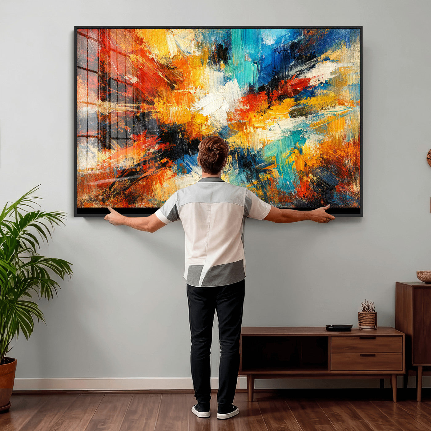 93167583-MGV-CV-36X24 - Geometric Abstract Wall Art Canvas Print, Orange Blue Abstract Expressionist Painting Print, Modern Geometric Abstract Canvas Art