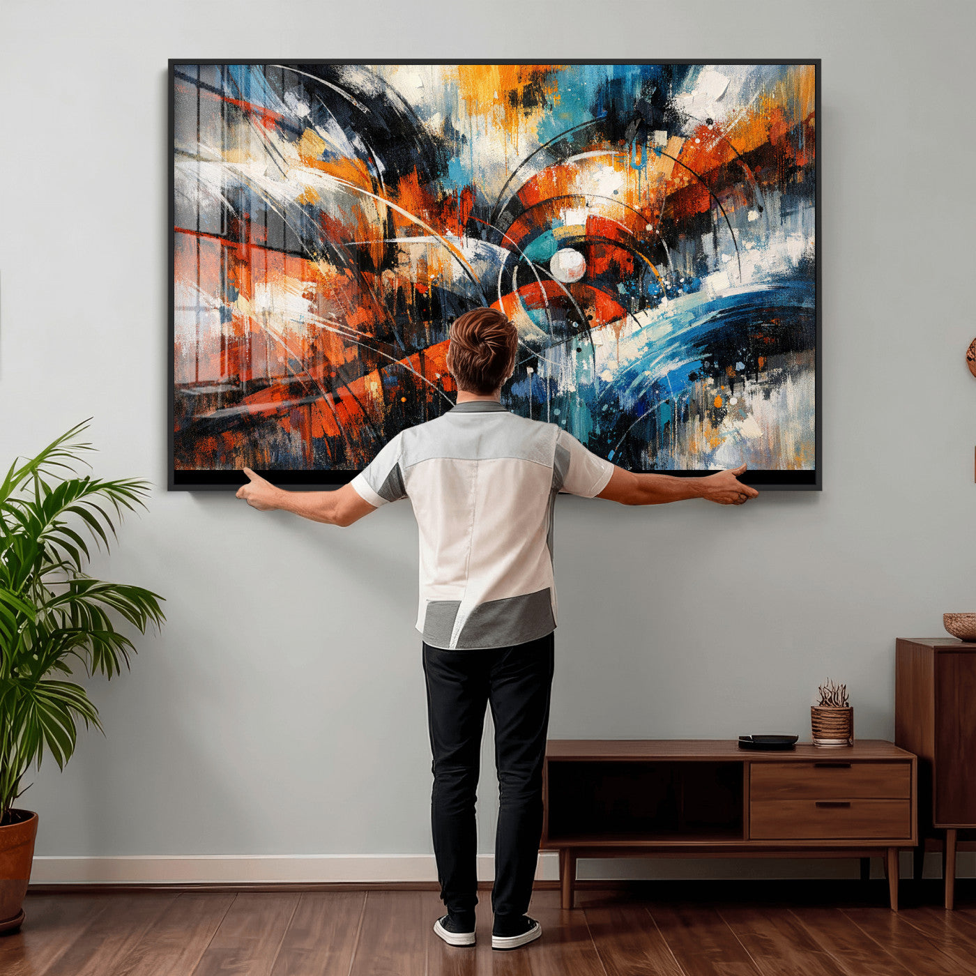 47120691-MGV-CV-36X24 - Geometric Abstract Wall Art Canvas Print, Orange Blue Abstract Expressionist Painting Print, Modern Geometric Abstract Canvas Art