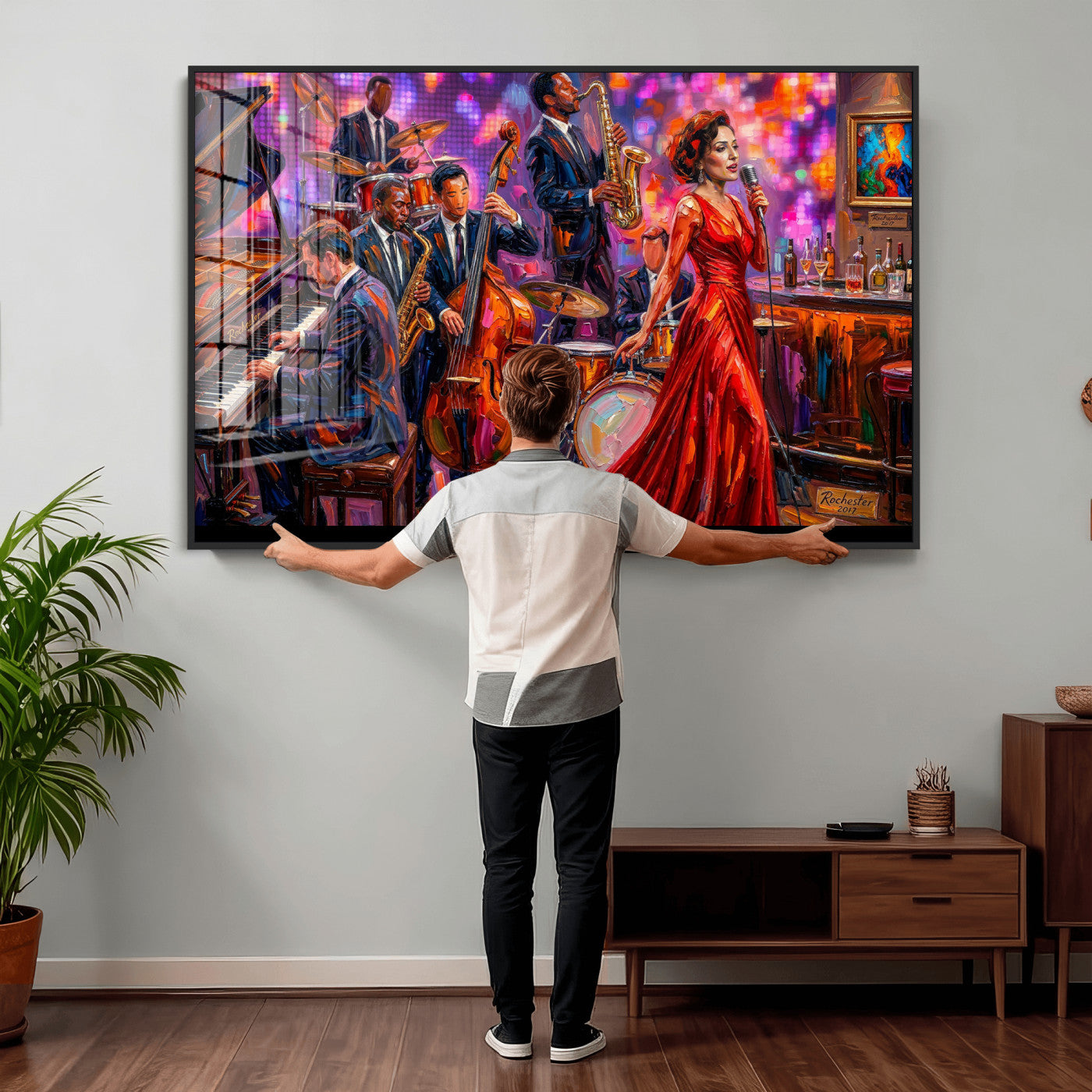 620930J20-MGV-CV-36X24 - Jazz Band Canvas Wall Art — Jazz Club Singer Saxophone Print | Music Wall Decor | Bar Restaurant Art | Music Lover Gift | Jazz Home Decor