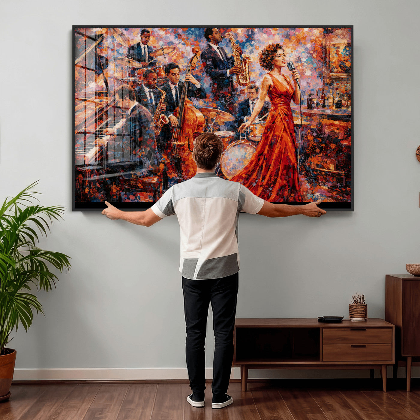 620930SF20-MGV-CV-36X24 - Jazz Band Canvas Wall Art — Jazz Club Singer Saxophone Print | Music Wall Decor | Bar Restaurant Art | Music Lover Gift | Jazz Home Decor