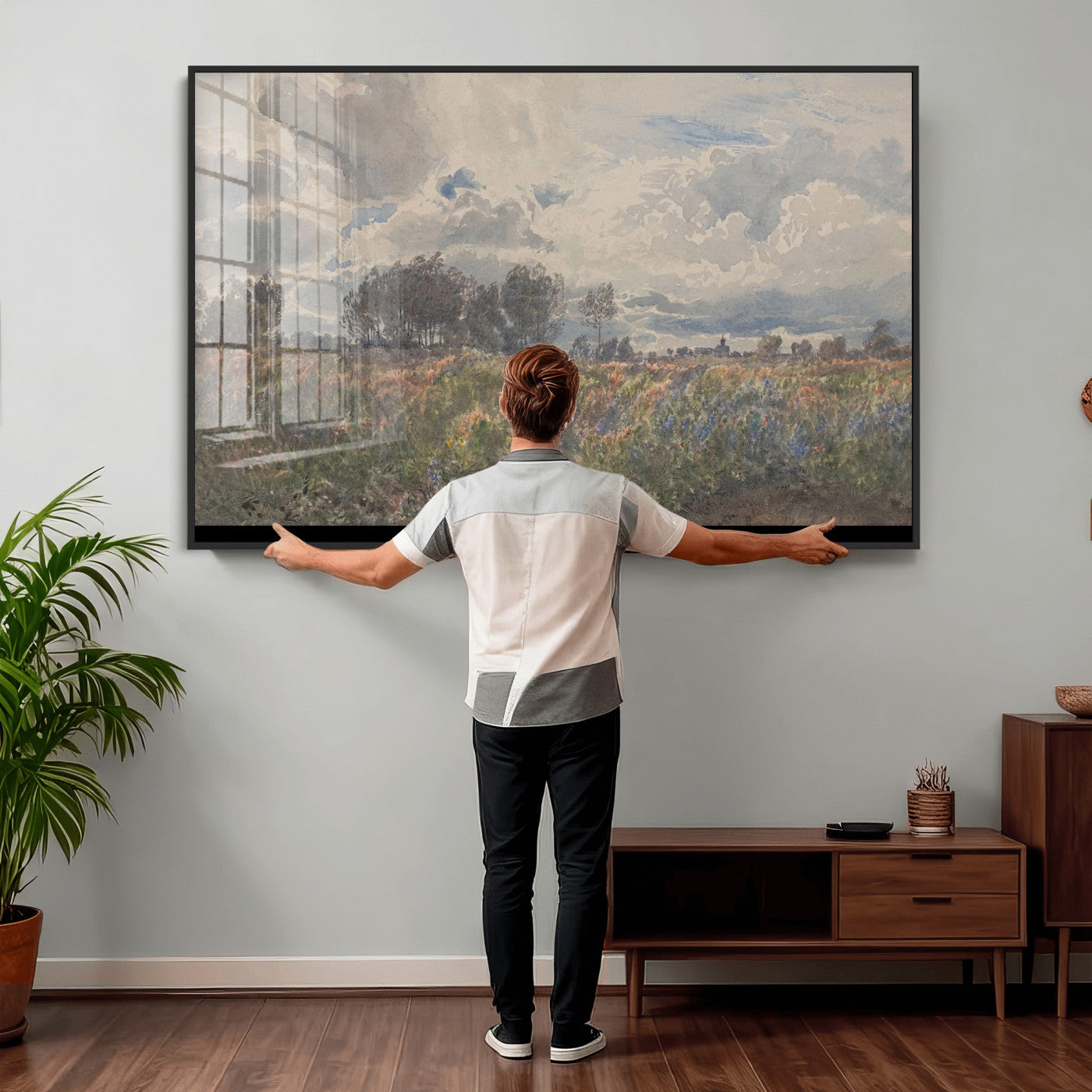 76626885-MGV-CV-36X24 - Vintage Watercolor Meadow Canvas Wall Art — English Pastoral Wildflower Storm Sky Print | Cottagecore Nature Decor | Classic Landscape Gift